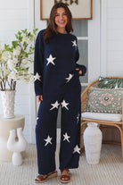 Charlotte The Label Star Soft Brushed Knit Jumper in navy featuring a soft brushed knit texture, relaxed oversized fit, white star design and matching Star Soft Brushed Knit Pants.