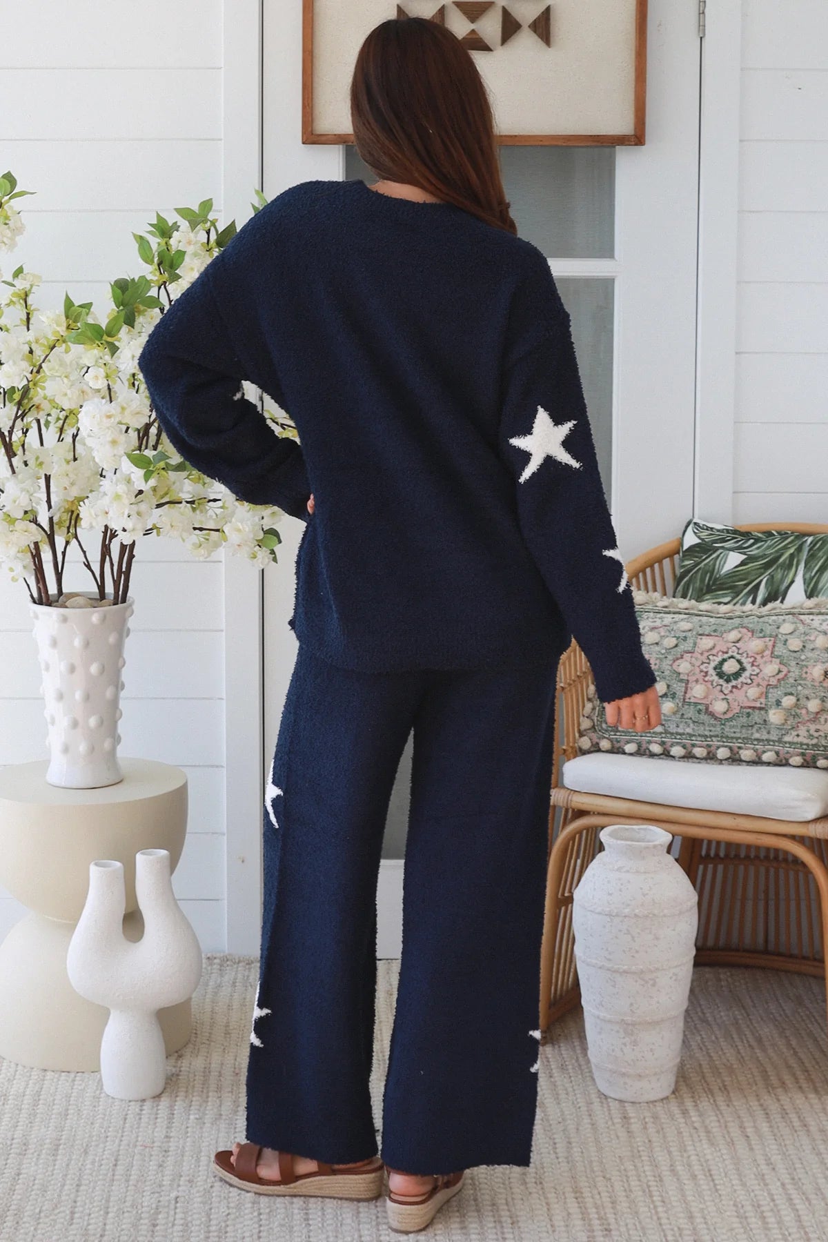 Charlotte The Label Star Soft Brushed Knit Jumper in navy featuring a soft brushed knit texture, relaxed oversized fit, white star design and matching Star Soft Brushed Knit Pants.