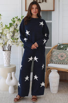 Charlotte The Label Star Soft Brushed Knit Jumper in navy featuring a soft brushed knit texture, relaxed oversized fit, white star design and matching Star Soft Brushed Knit Pants.