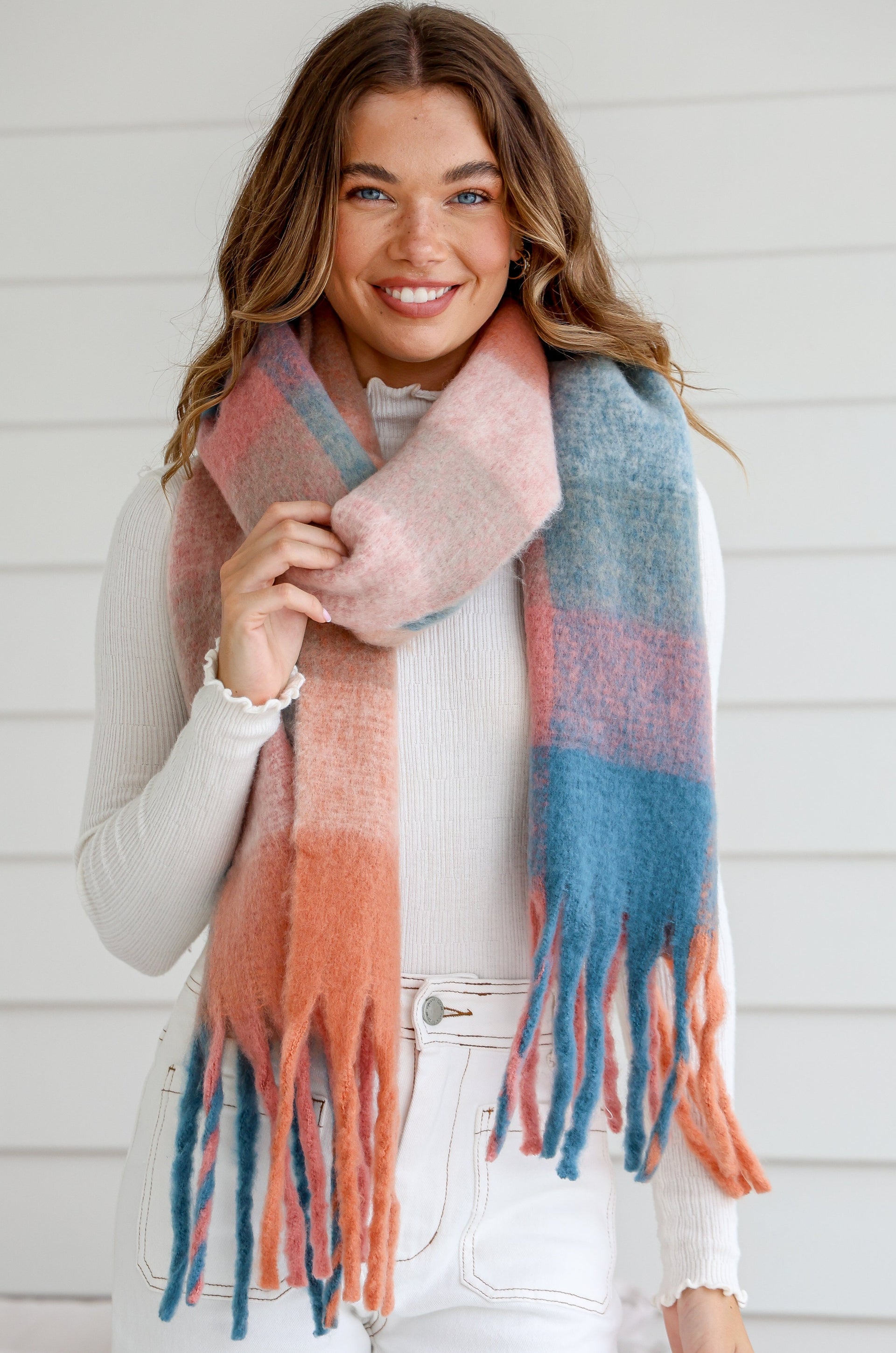 DUSTY PEACH BLUE FLUFFY SCARF