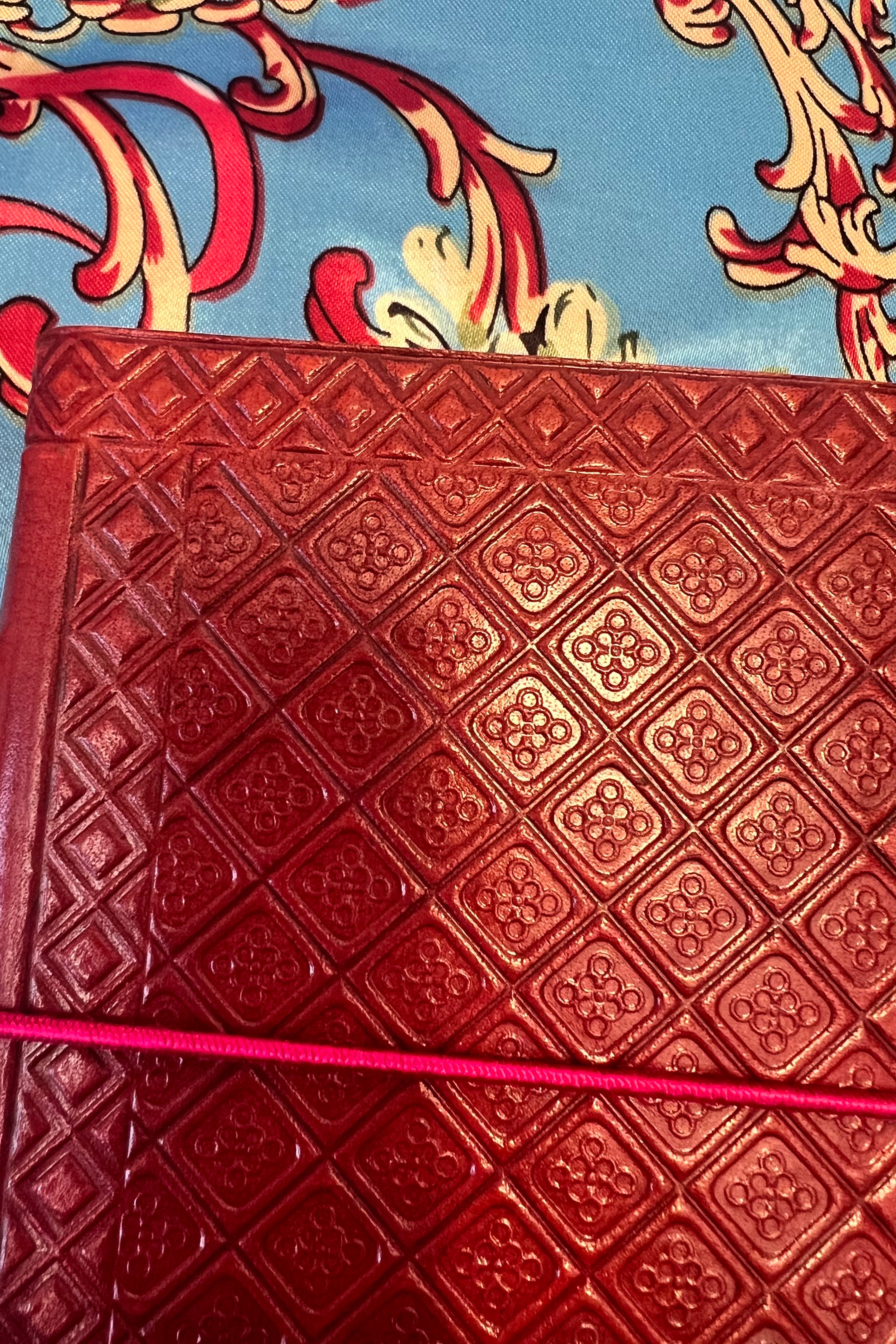 Hand-tooled rosewood red leather B5 journal with diamond embossing and elastic band - artisan boho notebook.