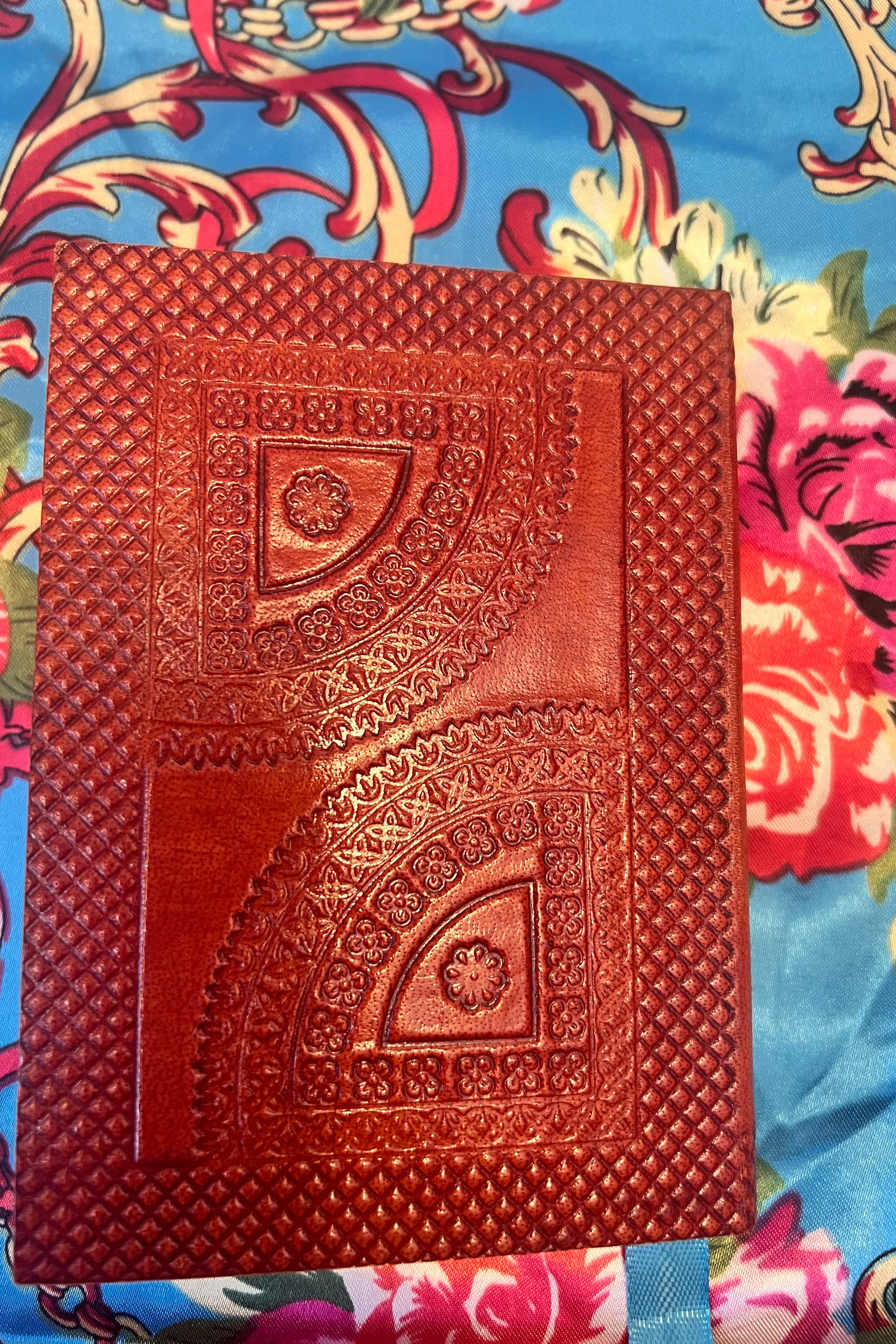 Hand-tooled leather B5 journal with colourful embroidered mandala and sky-blue ribbon - artisan boho notebook.