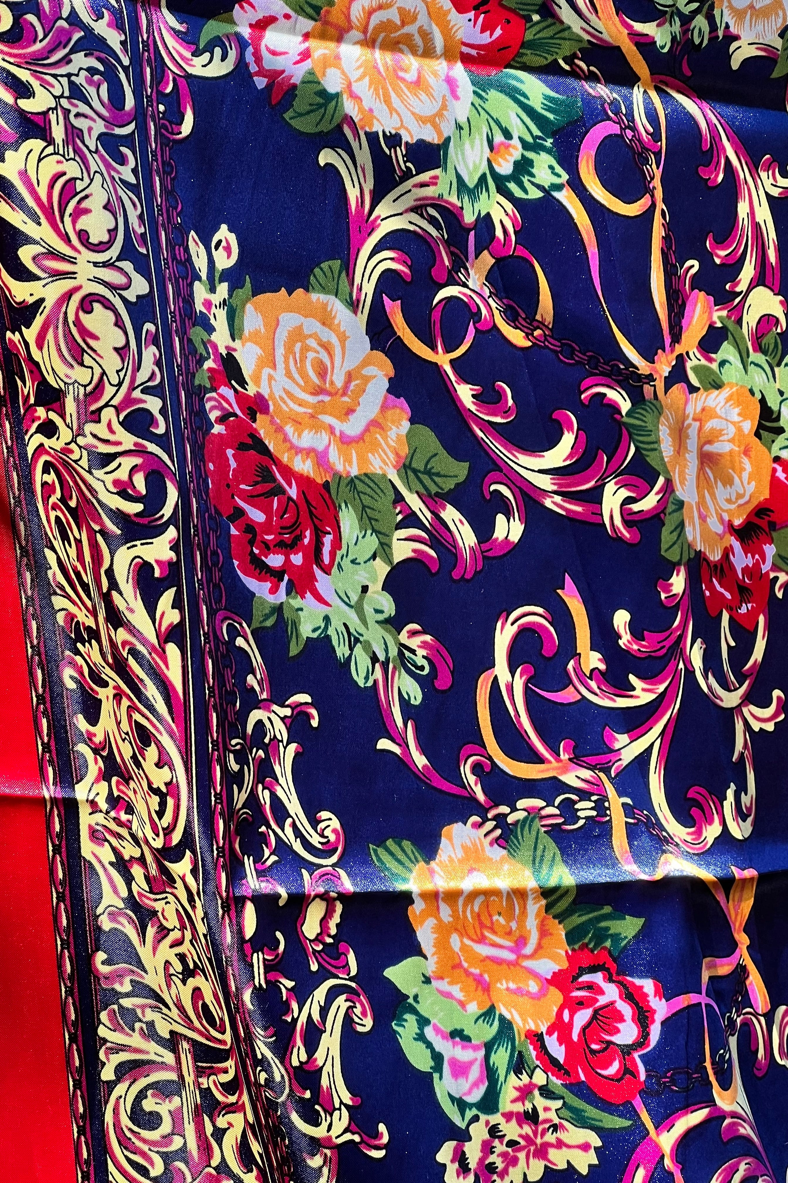 Navy satin scarf with gold baroque scrolls and floral print in red and peach - vintage boho scarf Australia.