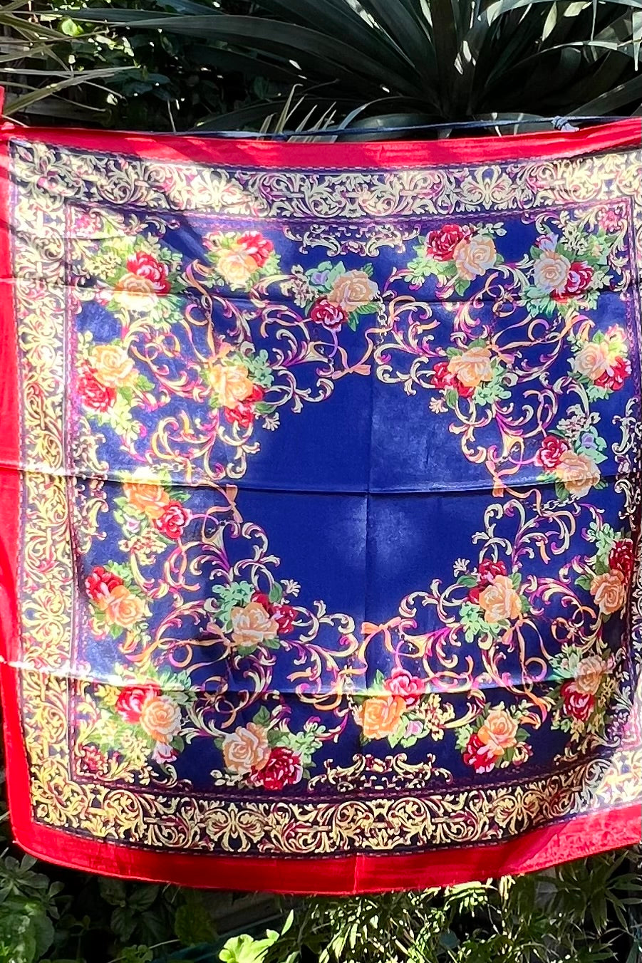 Navy satin scarf with gold baroque scrolls and floral print in red and peach - vintage boho scarf Australia.