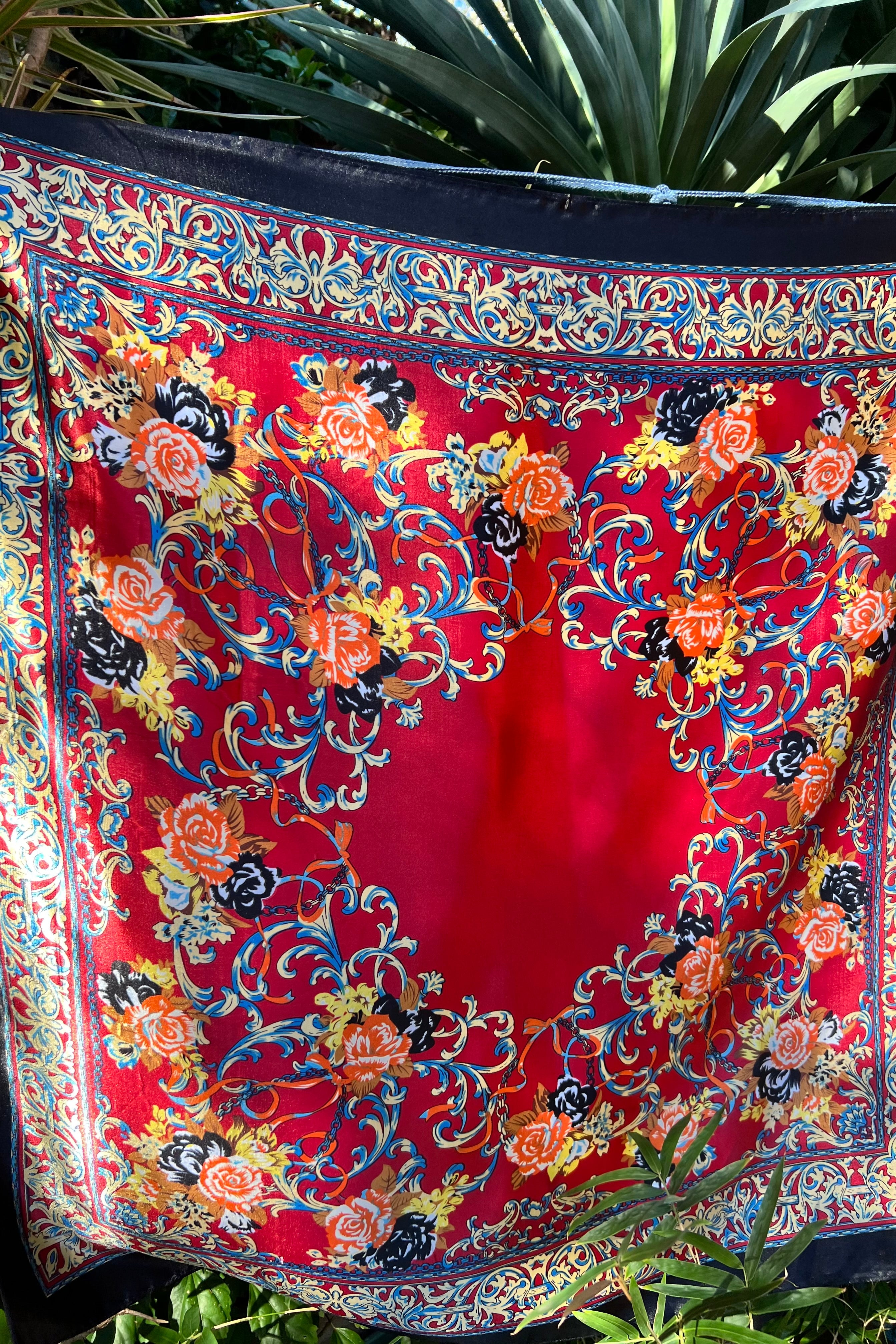 Crimson Reverie Satin Scarf with baroque gold scrolls and floral print in orange black and ivory - 90x90cm satin scarf.