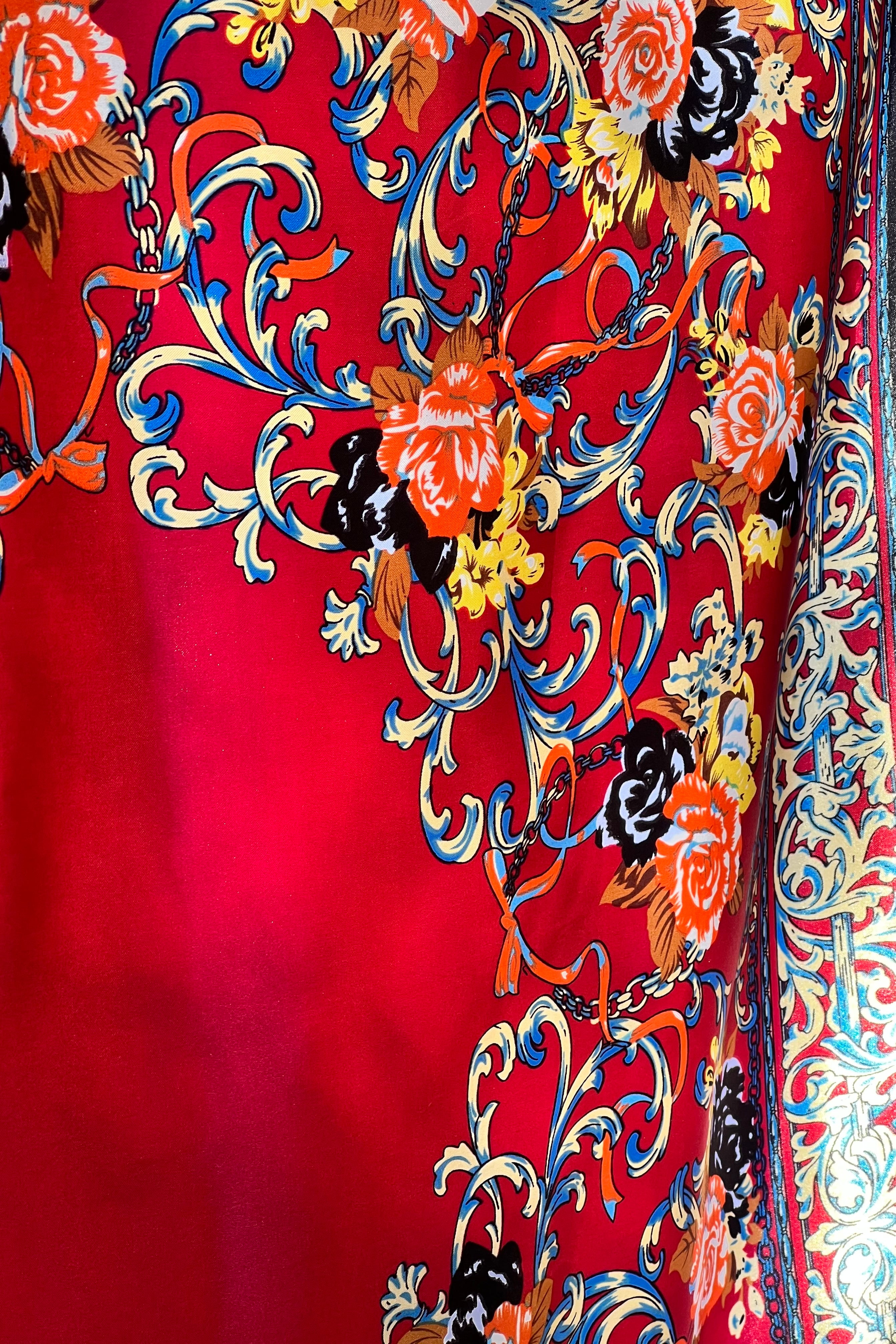 Crimson Reverie Satin Scarf with baroque gold scrolls and floral print in orange black and ivory - 90x90cm satin scarf.