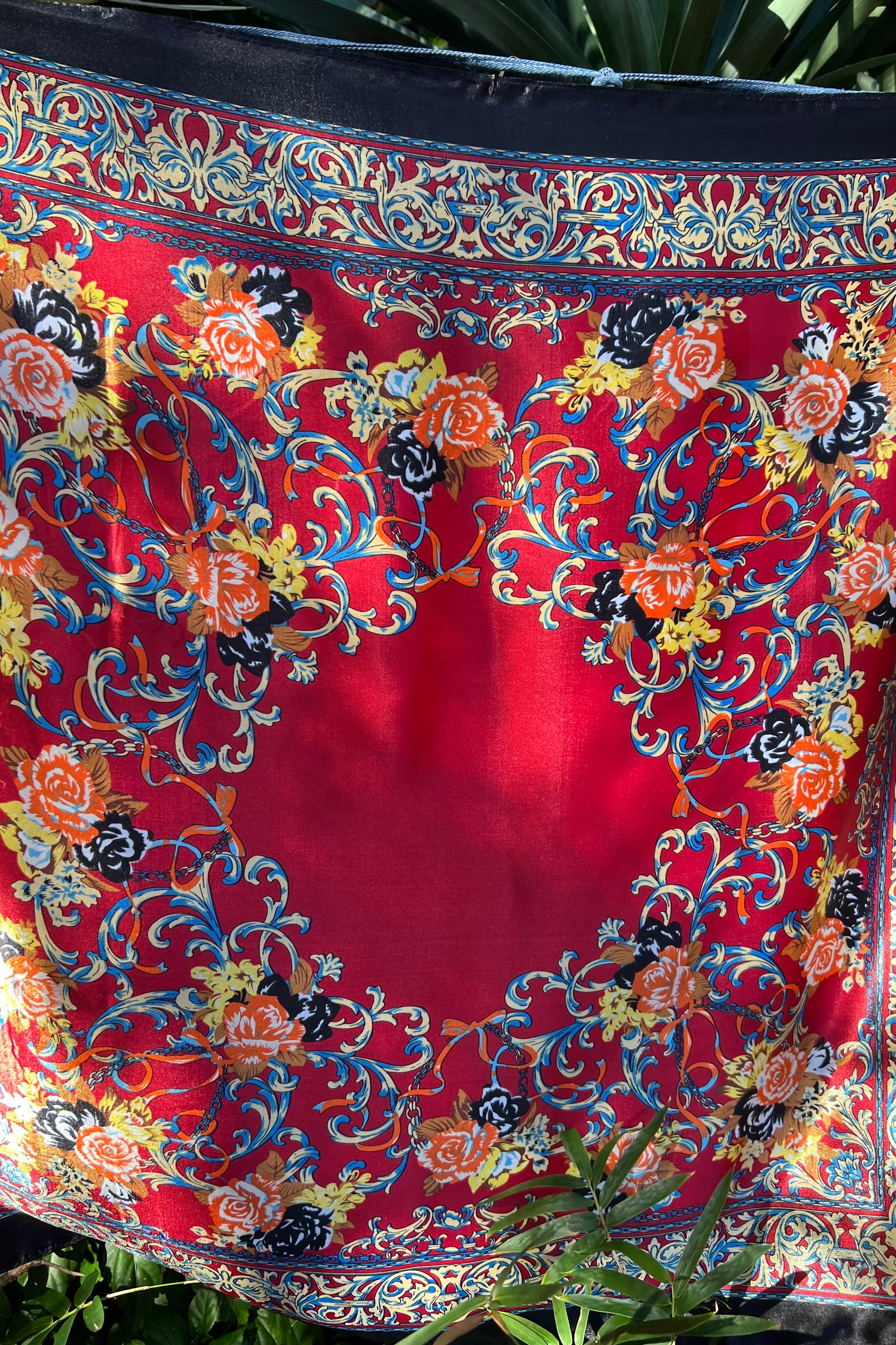 Crimson Reverie Satin Scarf with baroque gold scrolls and floral print in orange black and ivory - 90x90cm satin scarf.
