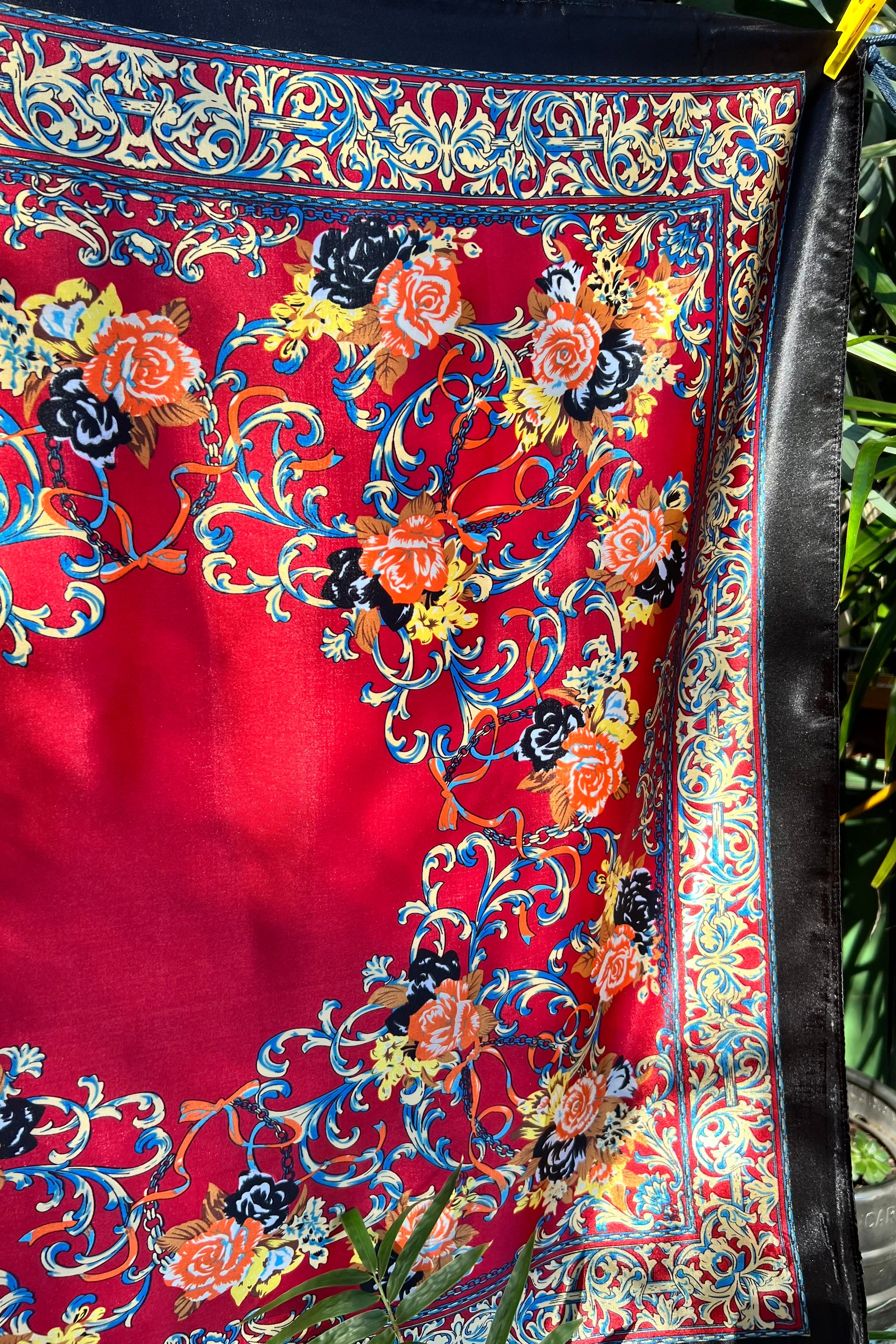 Crimson Reverie Satin Scarf with baroque gold scrolls and floral print in orange black and ivory - 90x90cm satin scarf.