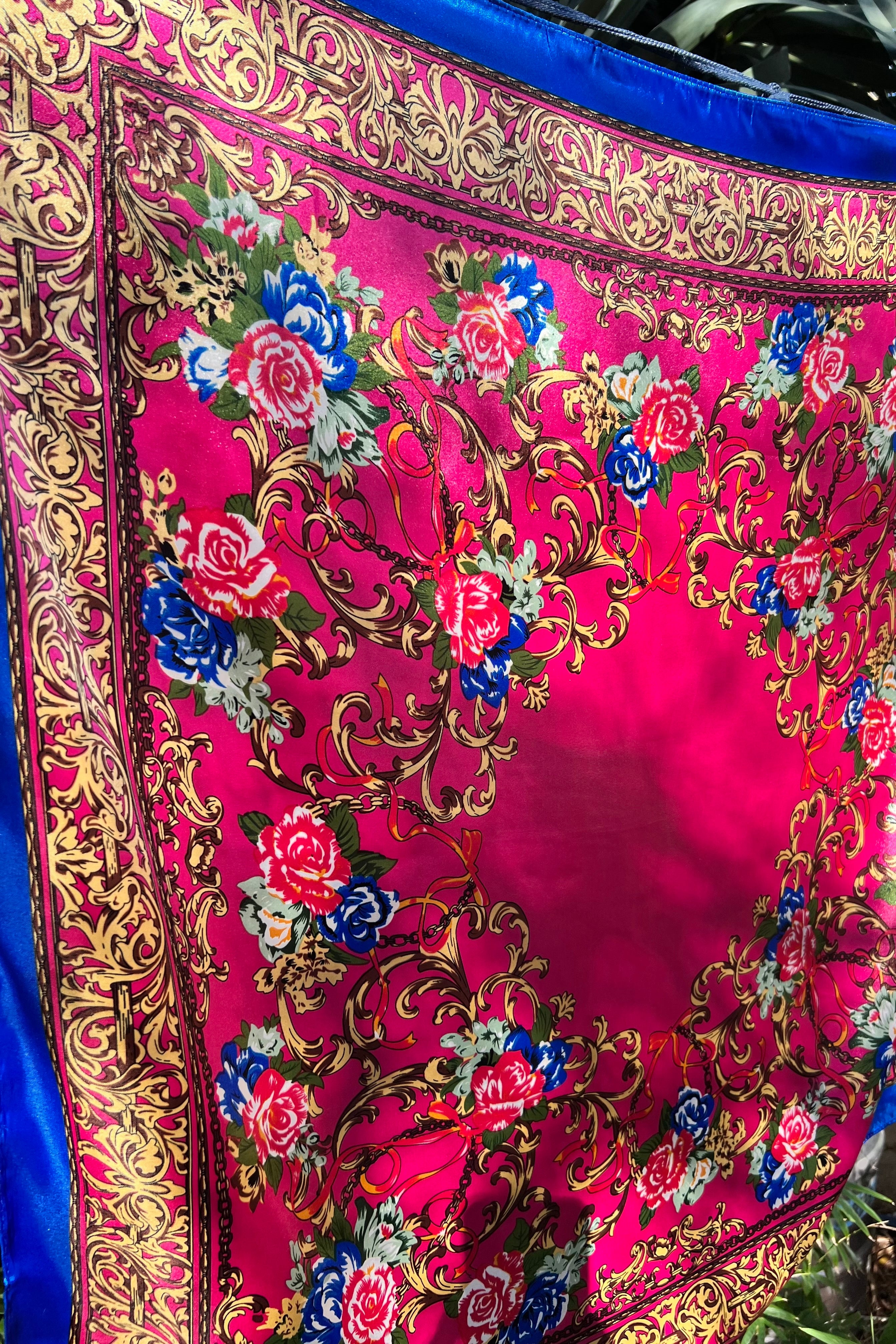 Square pink satin scarf with ornate gold filigree and red and blue floral print - Bohemian Love Runway accessory.