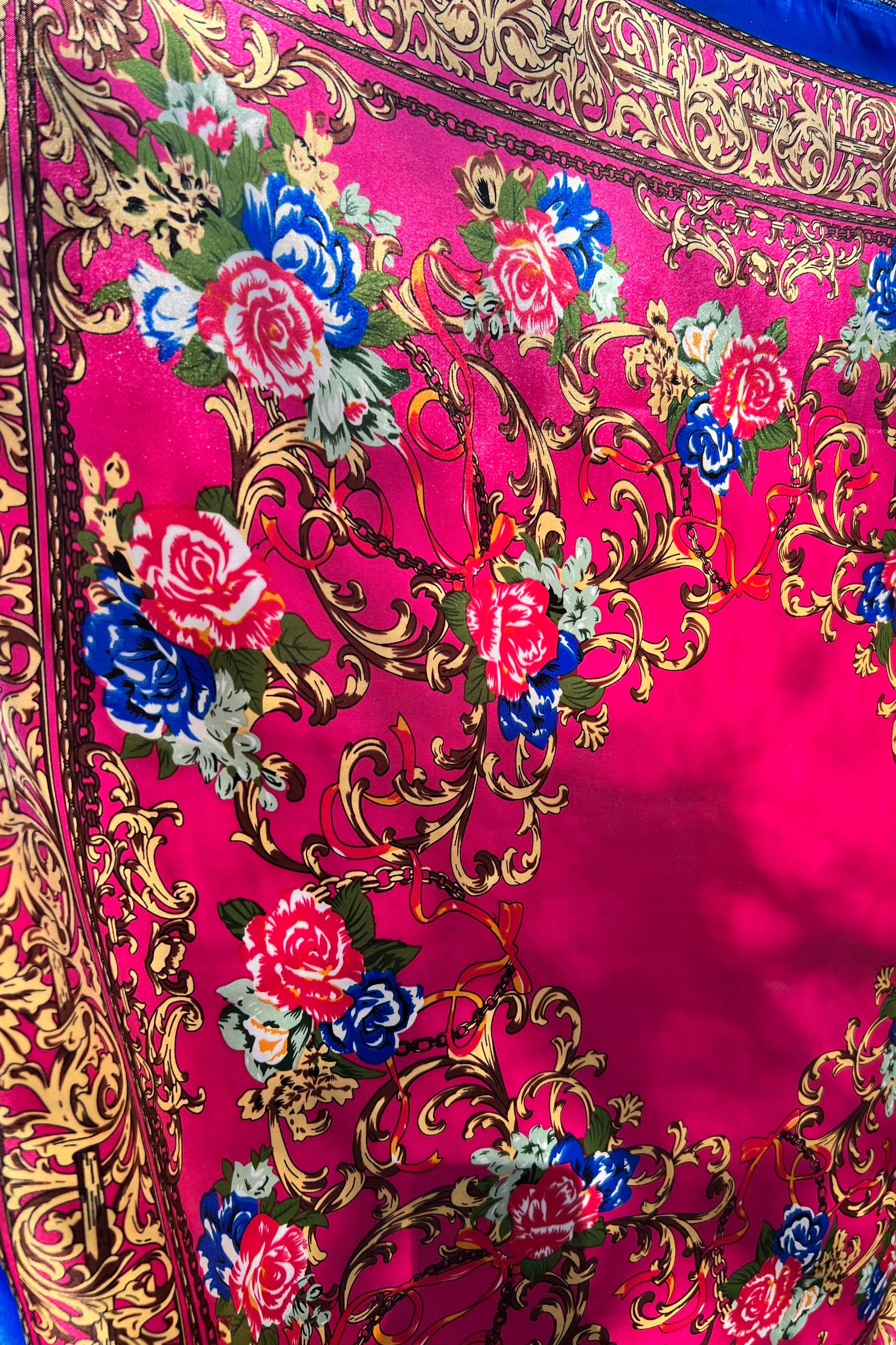 Square pink satin scarf with ornate gold filigree and red and blue floral print - Bohemian Love Runway accessory.