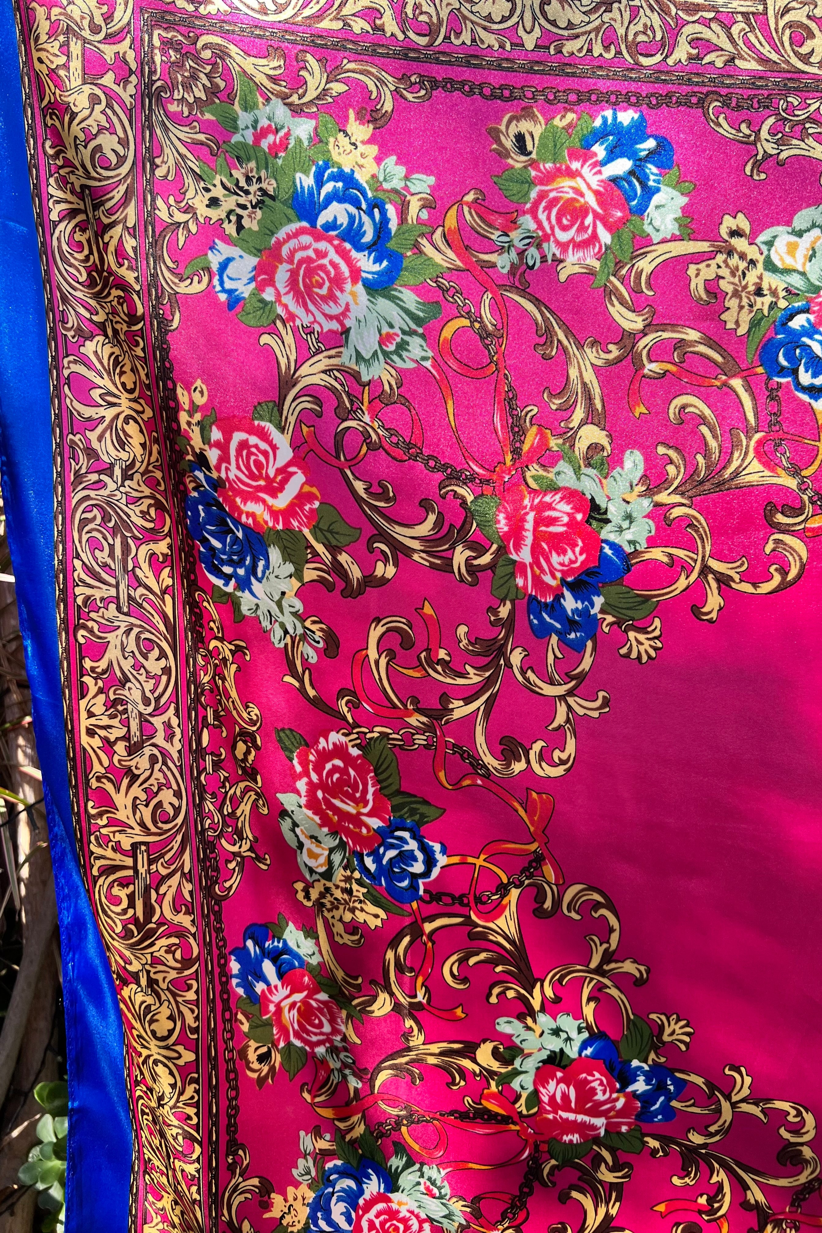 Square pink satin scarf with ornate gold filigree and red and blue floral print - Bohemian Love Runway accessory.