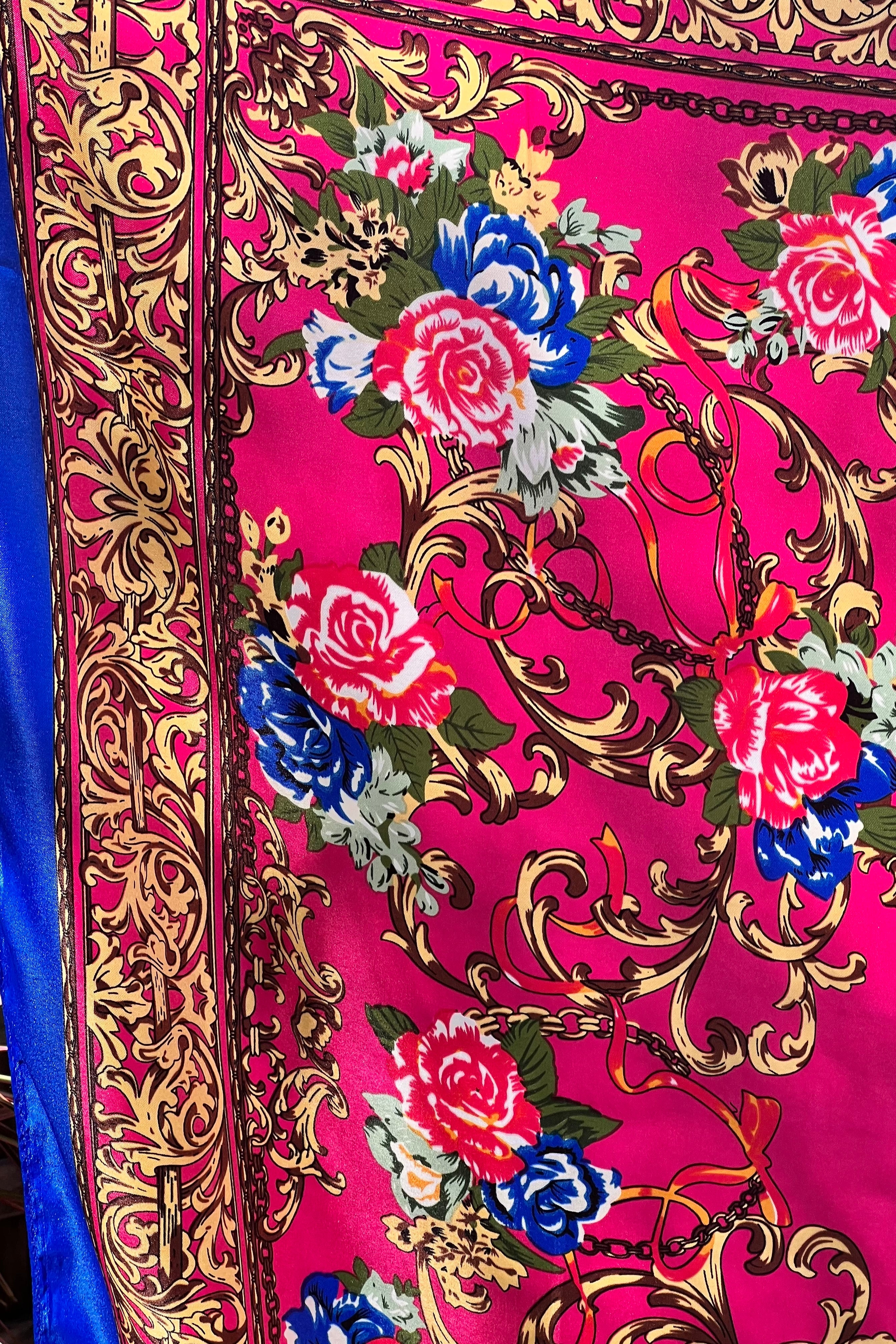 Square pink satin scarf with ornate gold filigree and red and blue floral print - Bohemian Love Runway accessory.