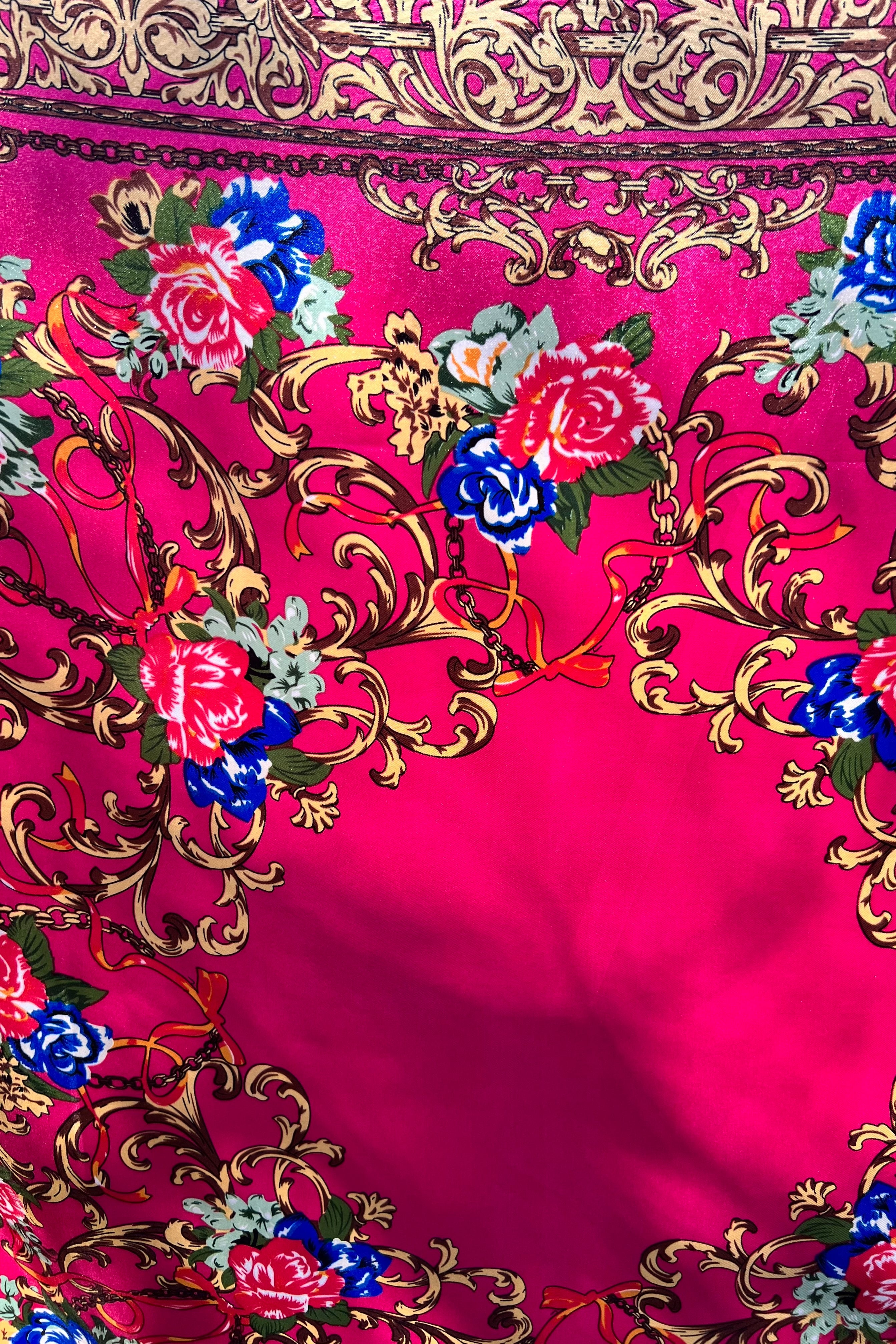 Square pink satin scarf with ornate gold filigree and red and blue floral print - Bohemian Love Runway accessory.