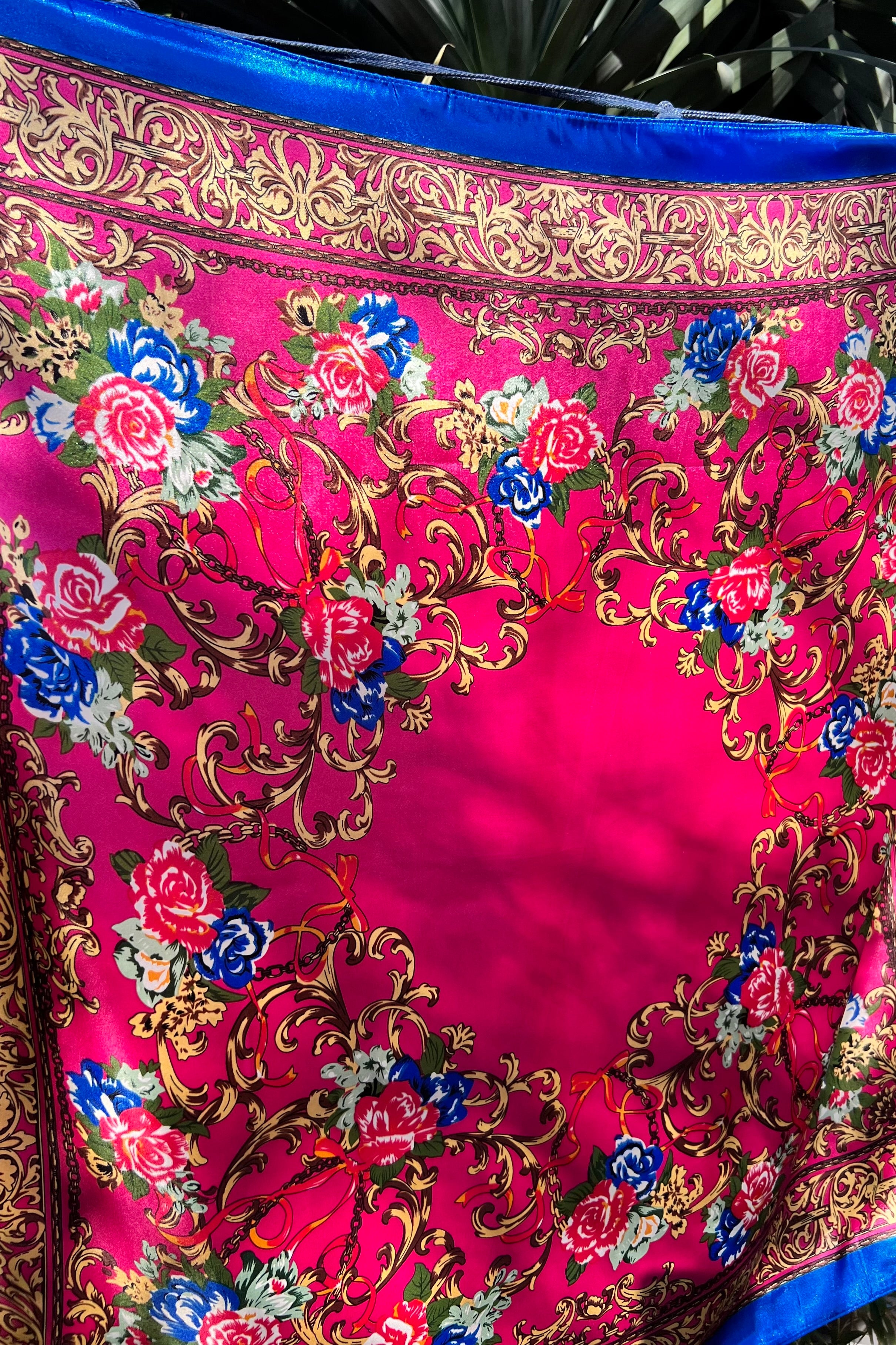 Square pink satin scarf with ornate gold filigree and red and blue floral print - Bohemian Love Runway accessory.