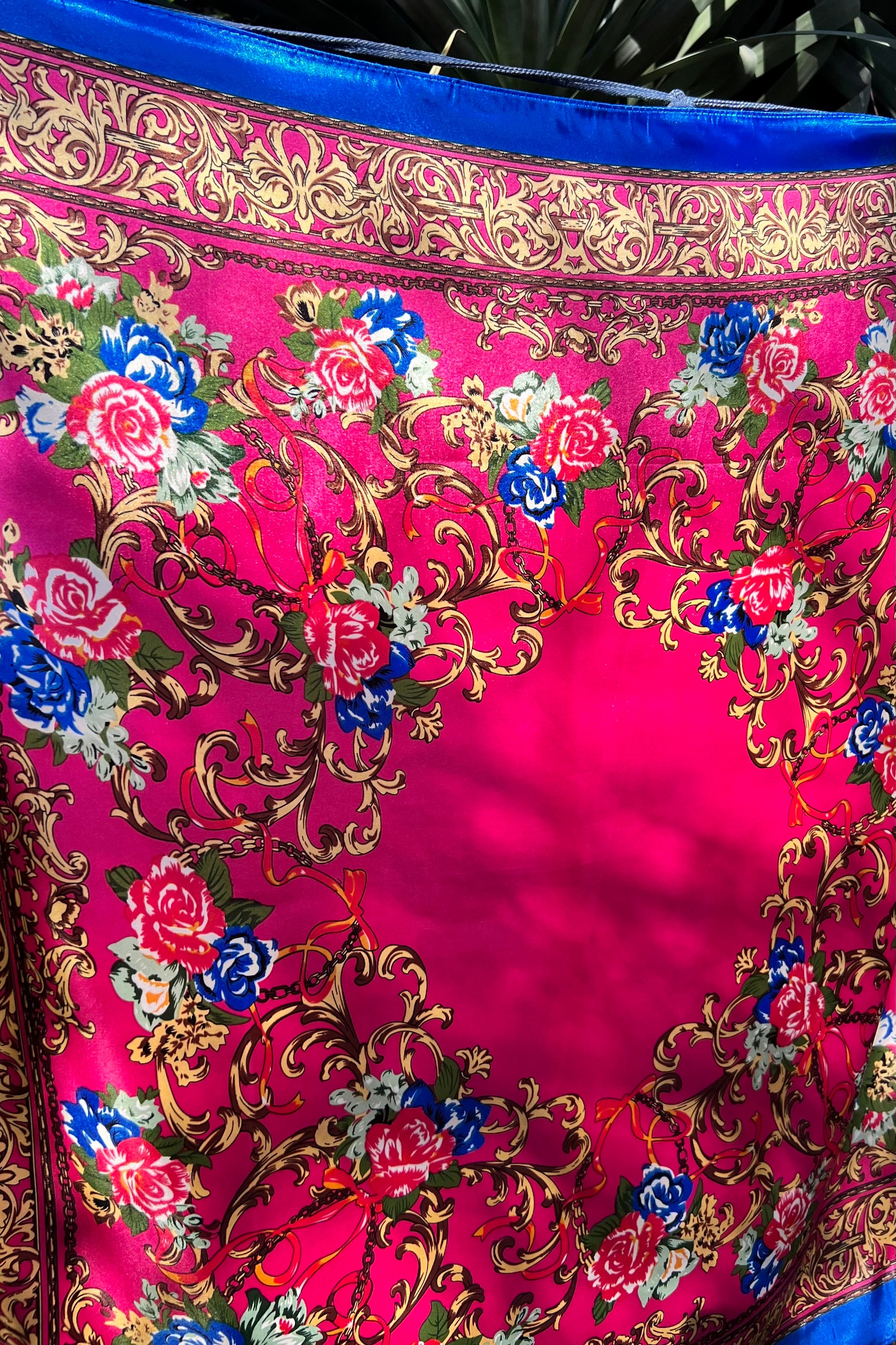 Square pink satin scarf with ornate gold filigree and red and blue floral print - Bohemian Love Runway accessory.