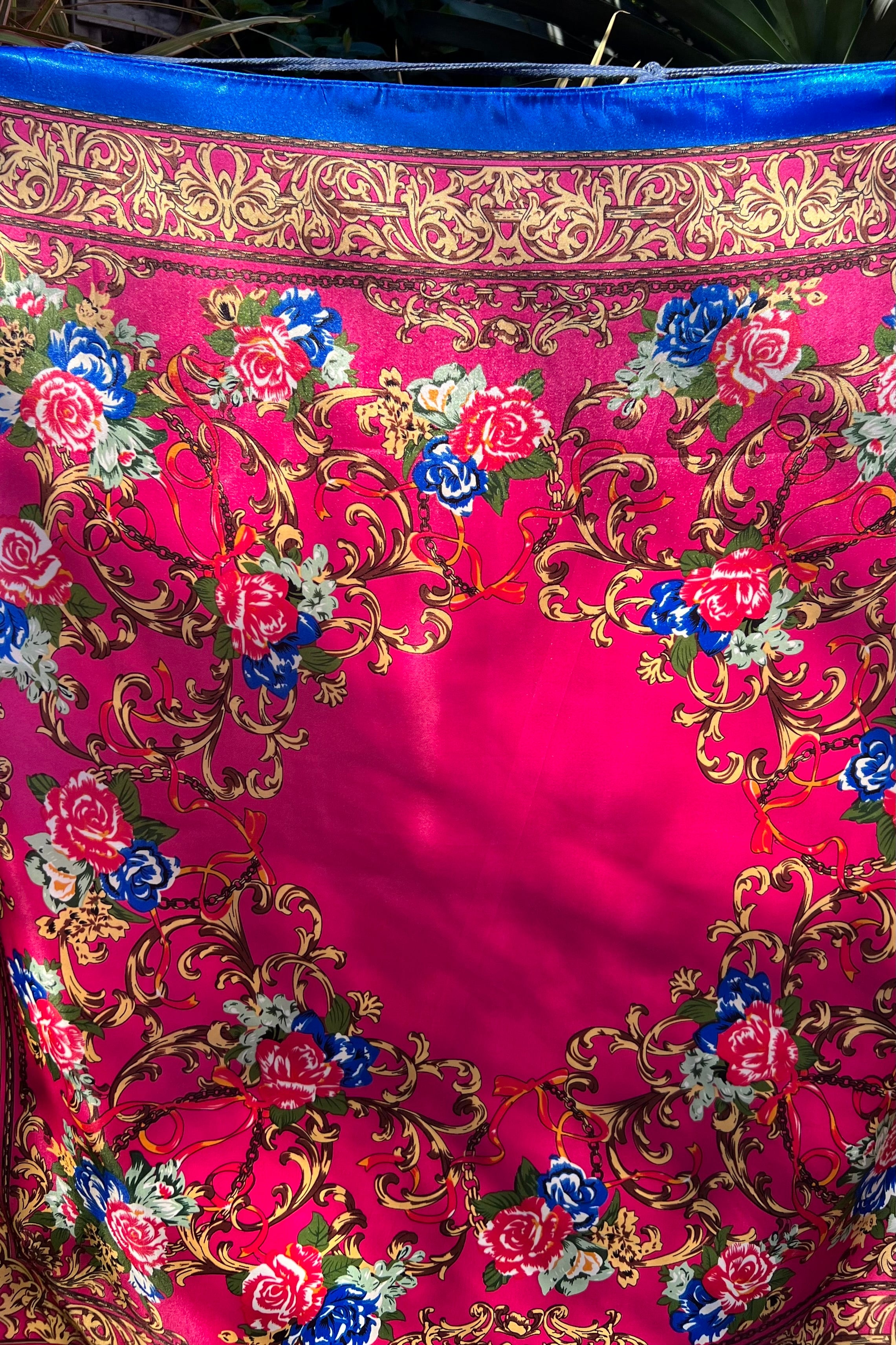 Square pink satin scarf with ornate gold filigree and red and blue floral print - Bohemian Love Runway accessory.