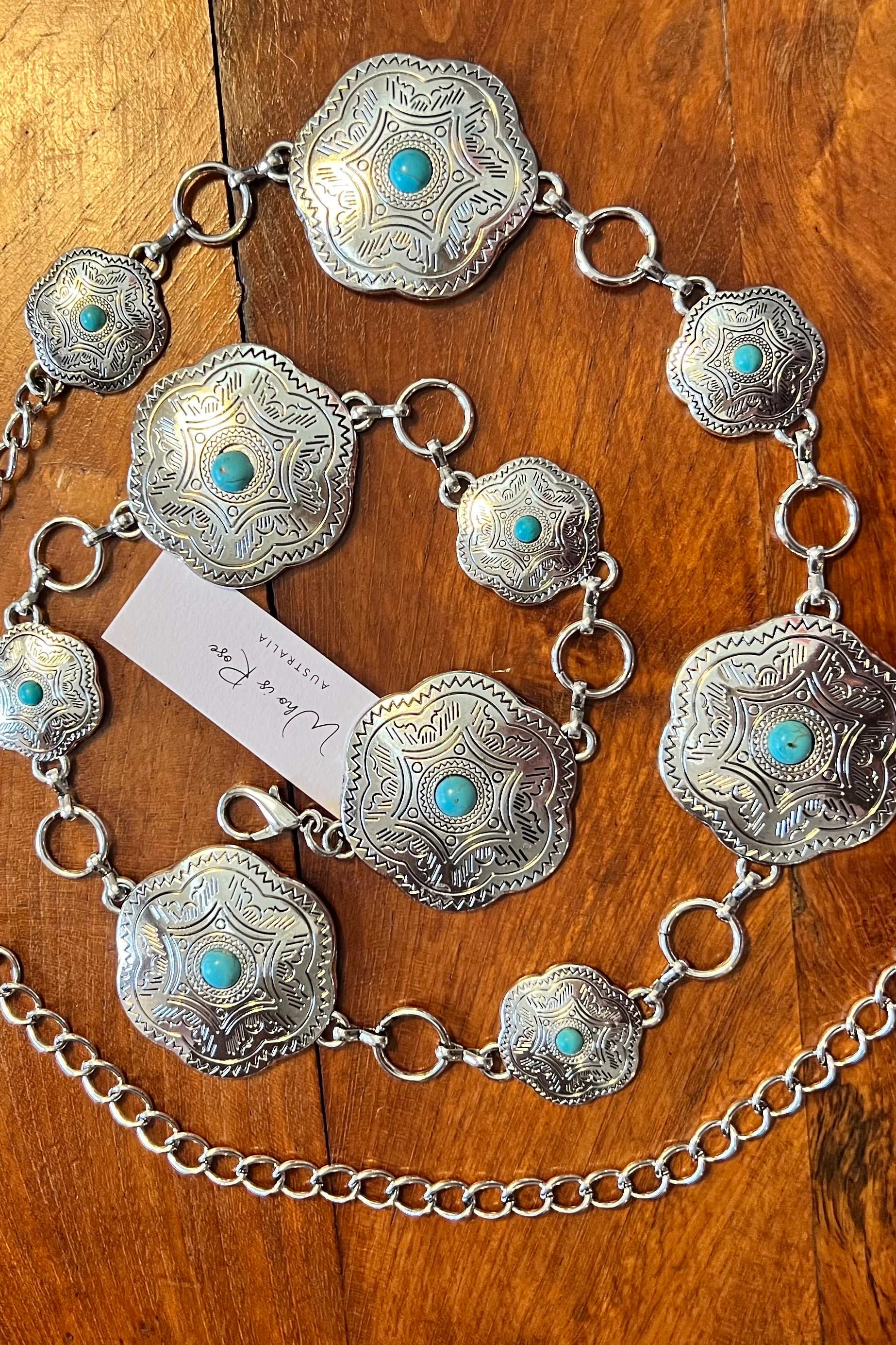 Western festival silver concho chain belt with turquoise stones - boho accessory at Bohemian Love Runway.