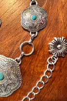 Western festival silver concho chain belt with turquoise stones - boho accessory at Bohemian Love Runway.