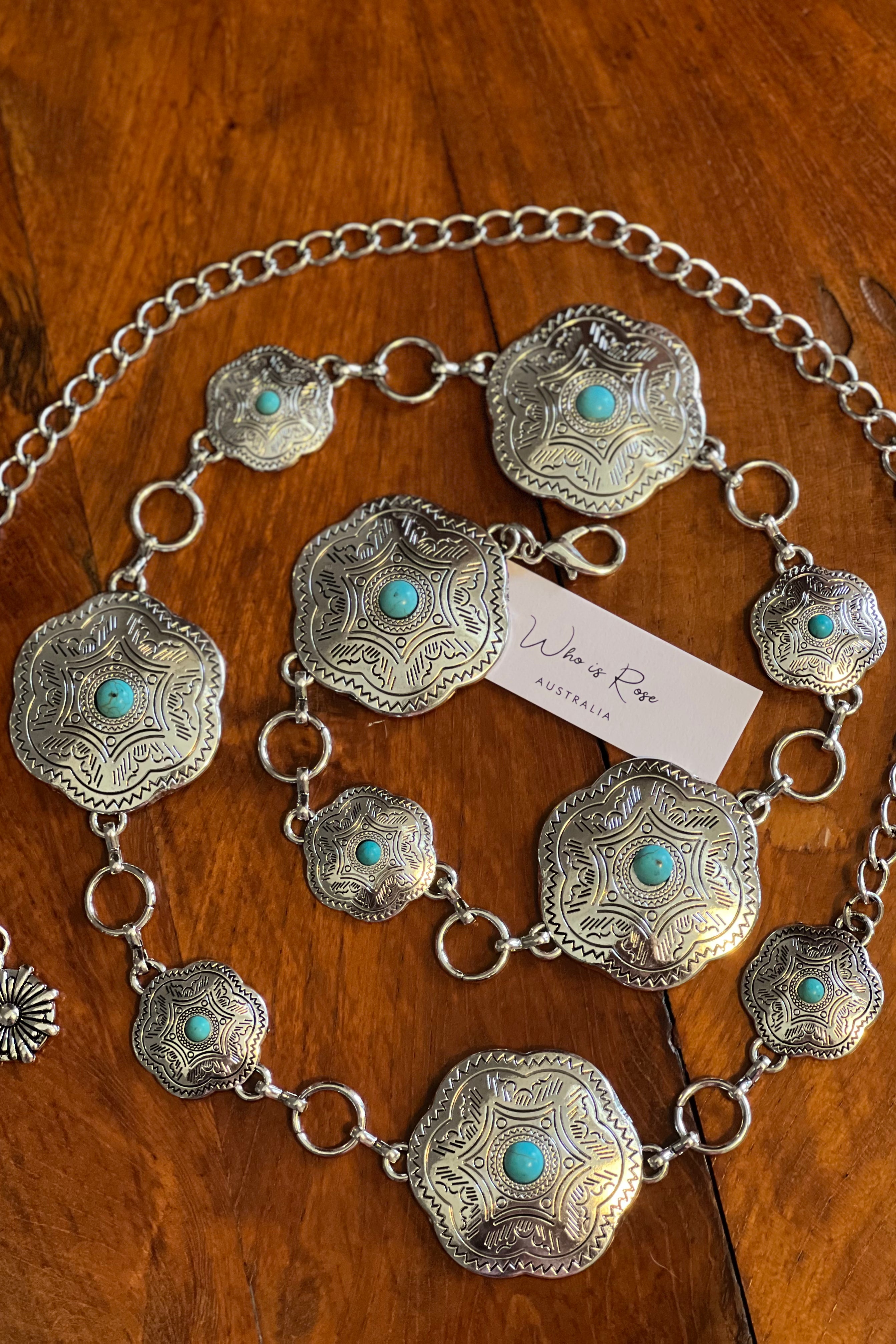 Western festival silver concho chain belt with turquoise stones - boho accessory at Bohemian Love Runway.