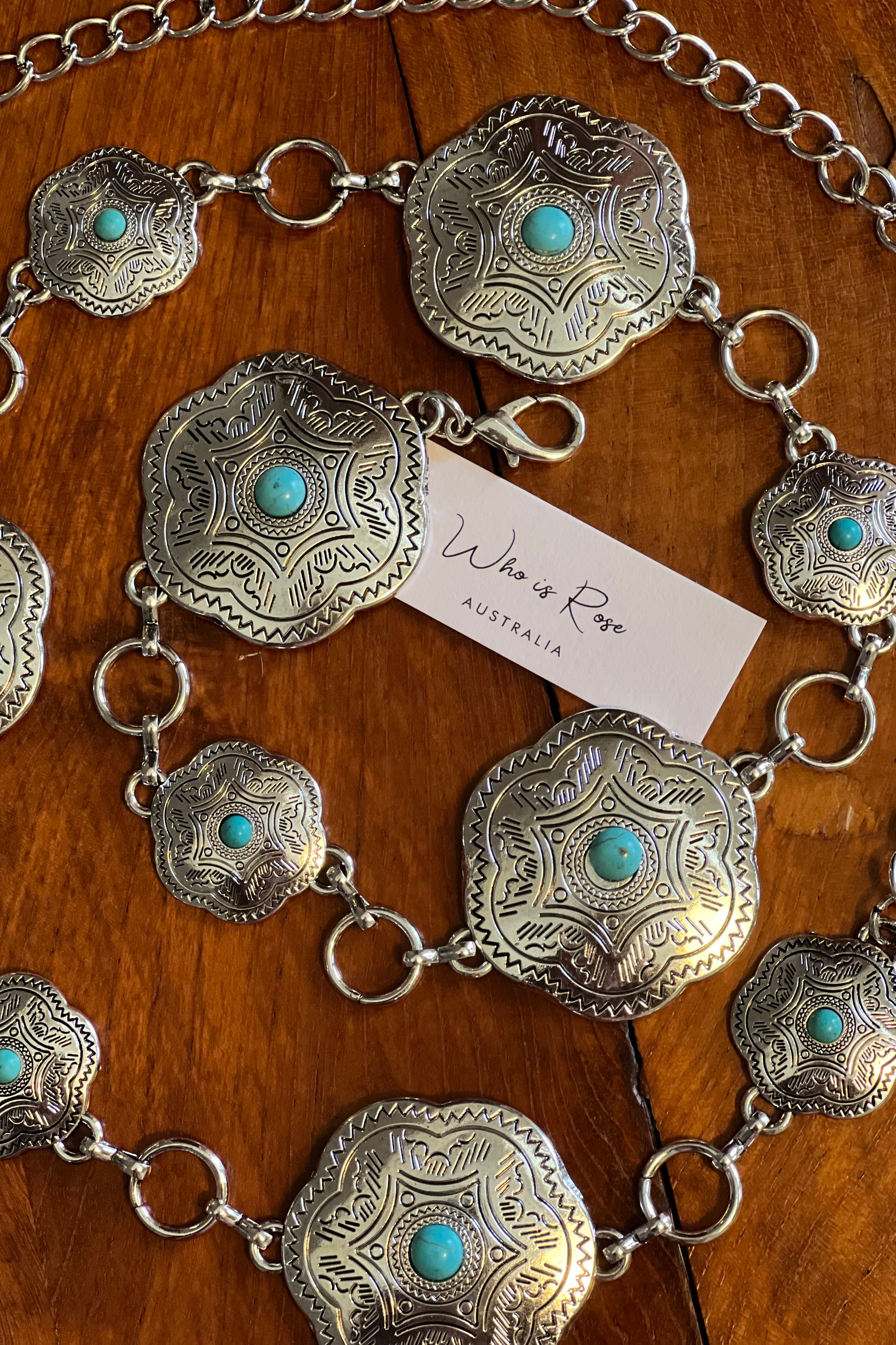 Western festival silver concho chain belt with turquoise stones - boho accessory at Bohemian Love Runway.