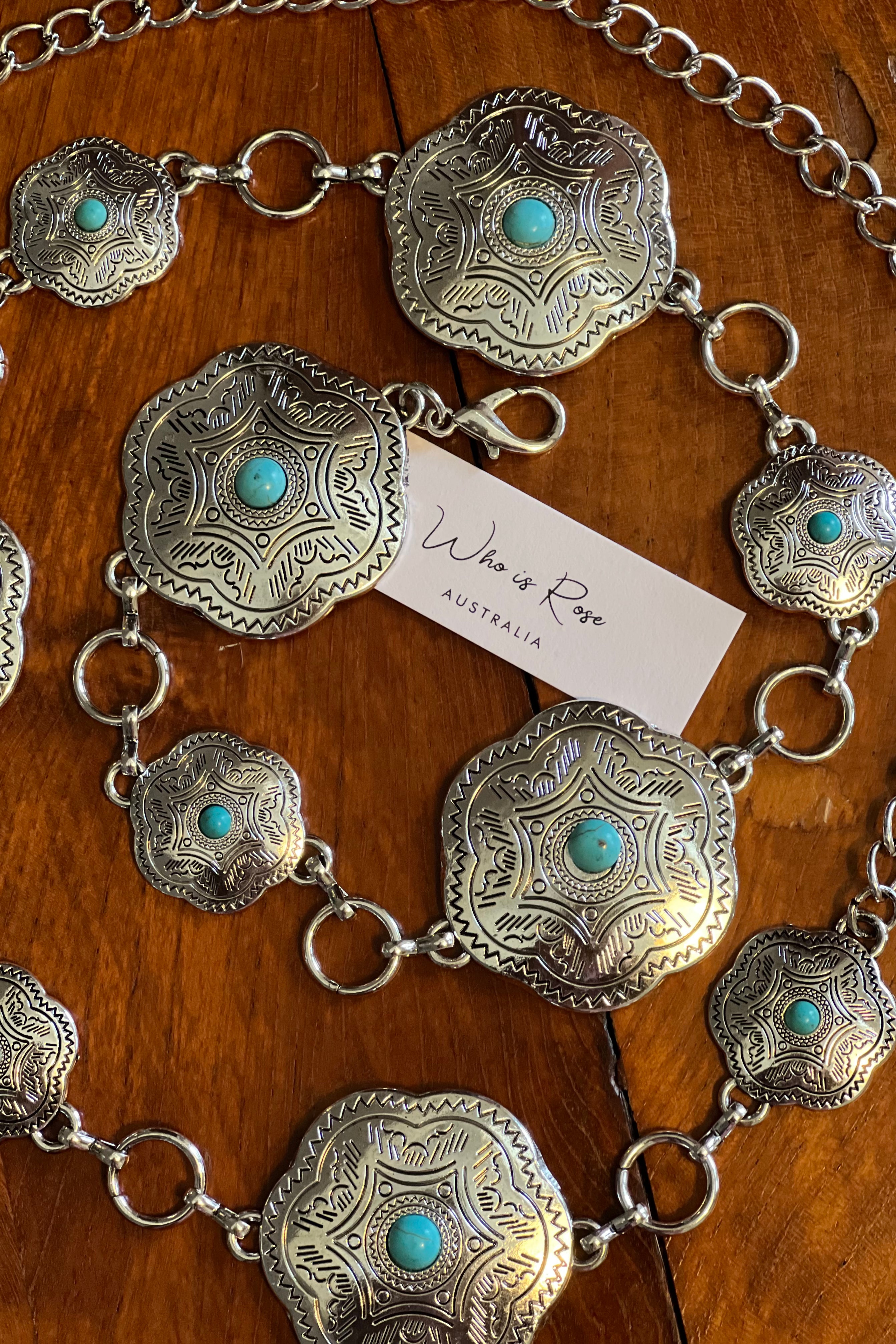 Western festival silver concho chain belt with turquoise stones - boho accessory at Bohemian Love Runway.