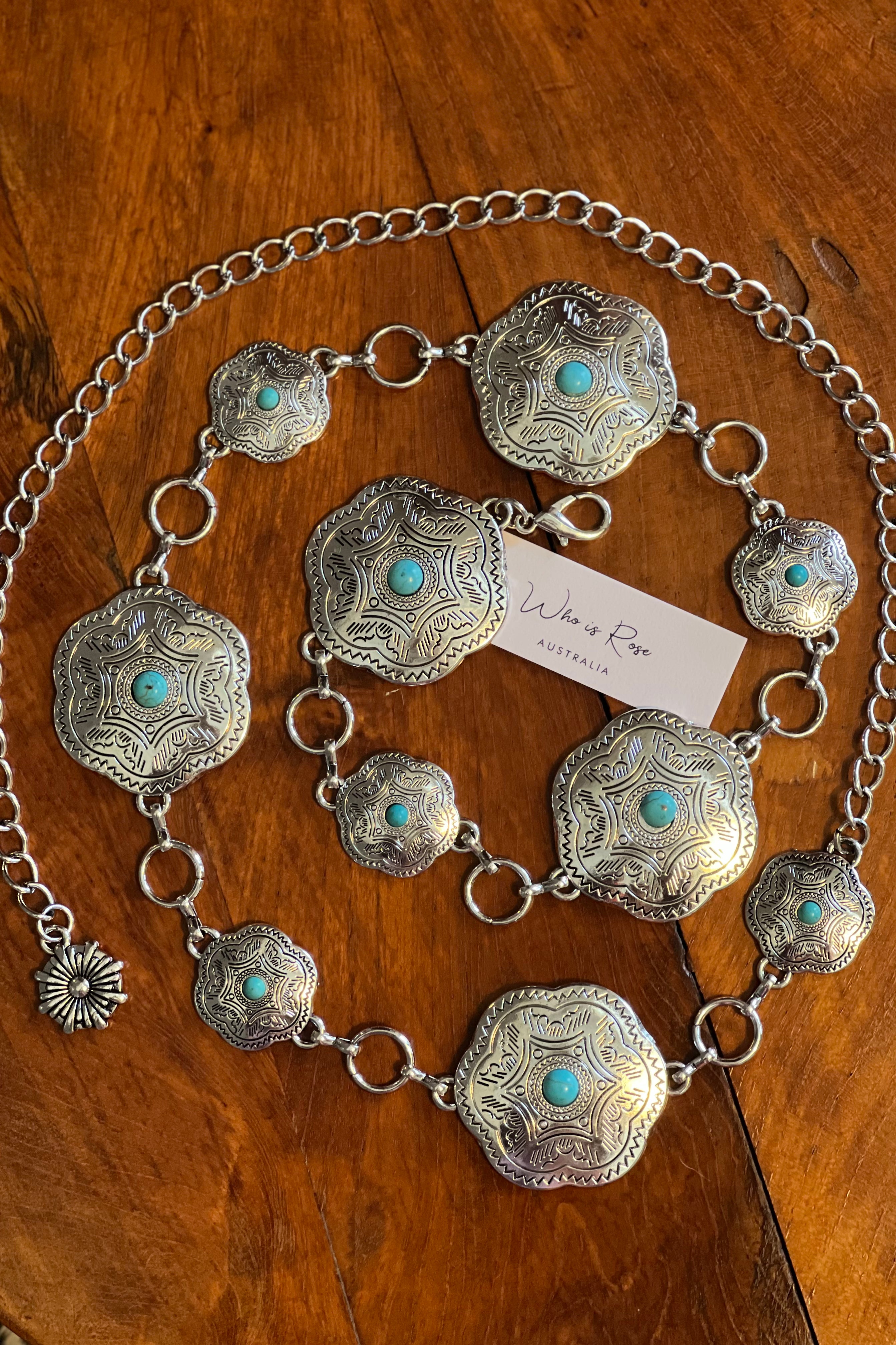 Western festival silver concho chain belt with turquoise stones - boho accessory at Bohemian Love Runway.