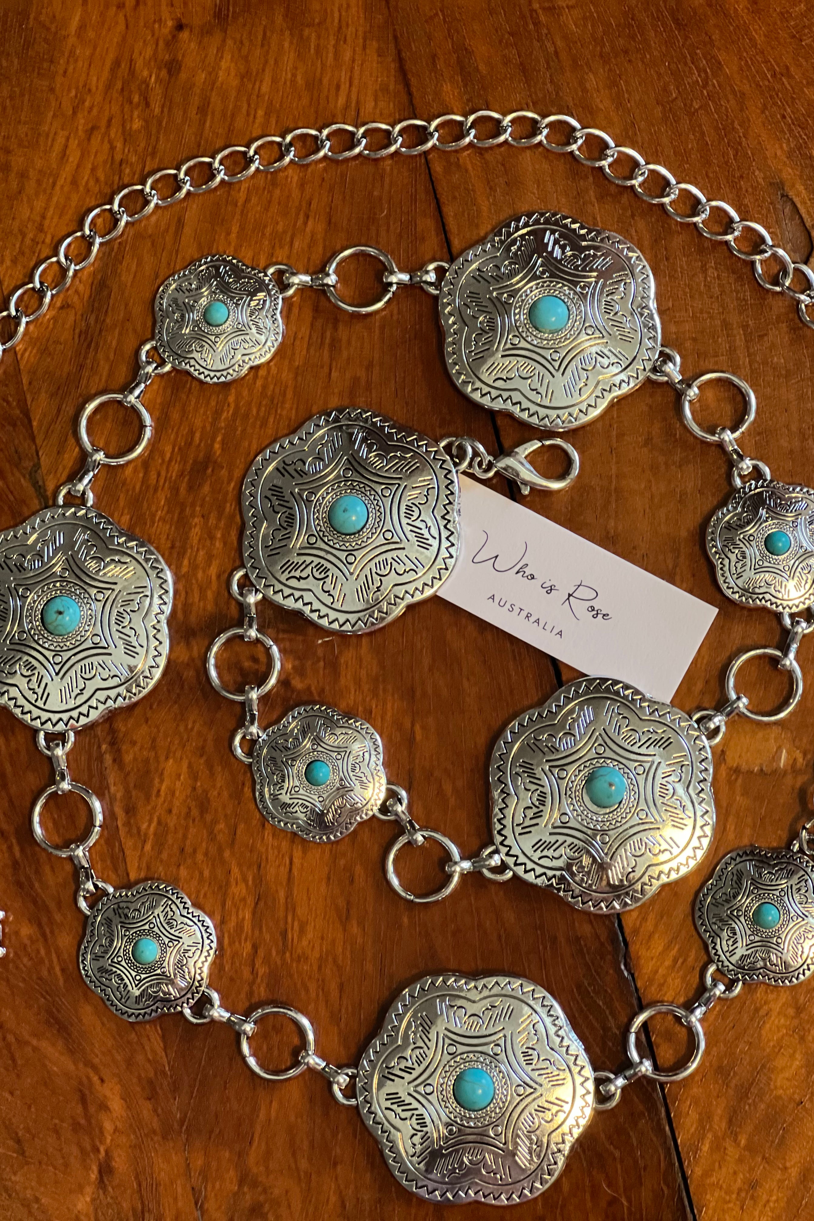 Western festival silver concho chain belt with turquoise stones - boho accessory at Bohemian Love Runway.
