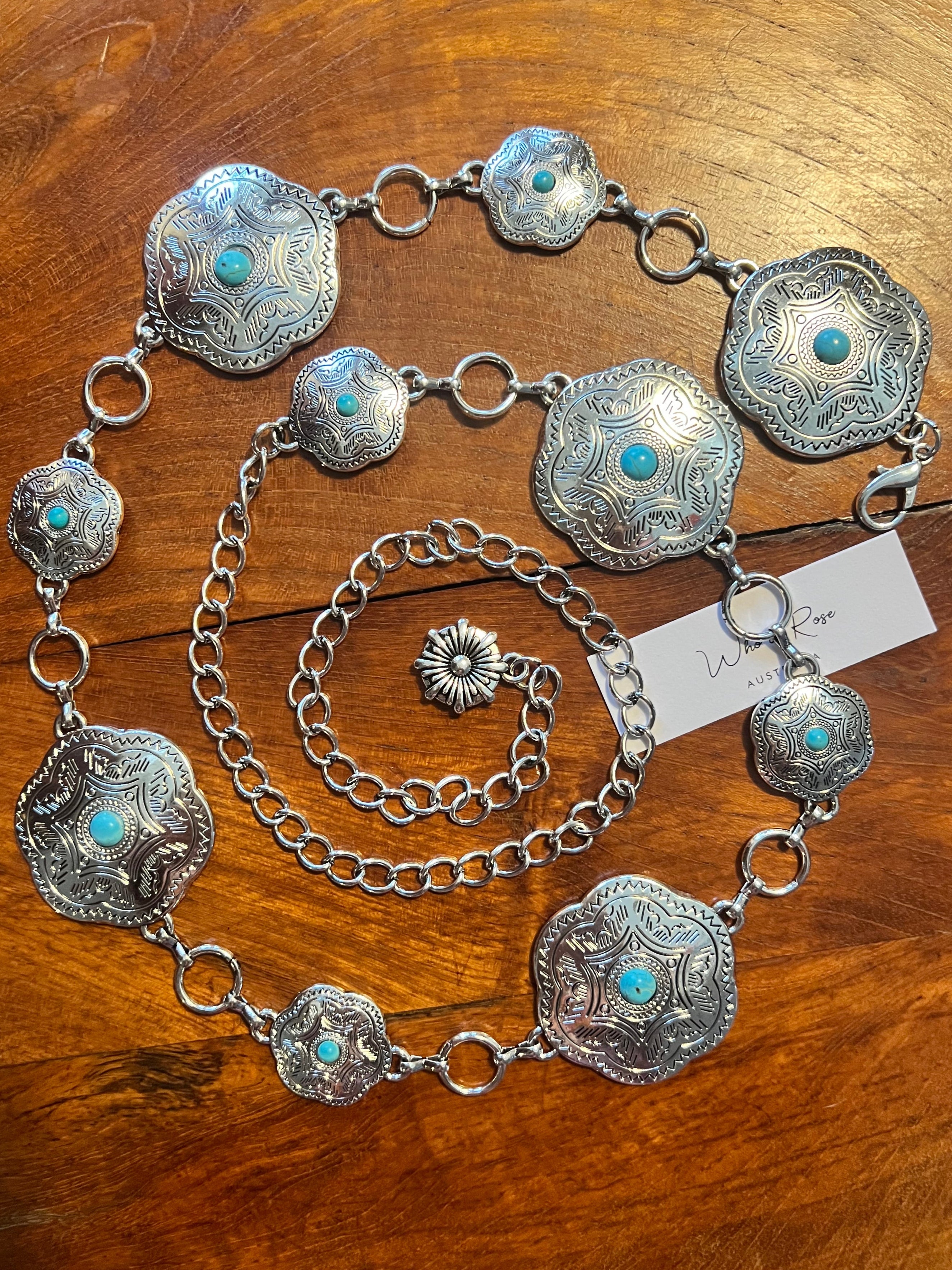 Western festival silver concho chain belt with turquoise stones - boho accessory at Bohemian Love Runway.