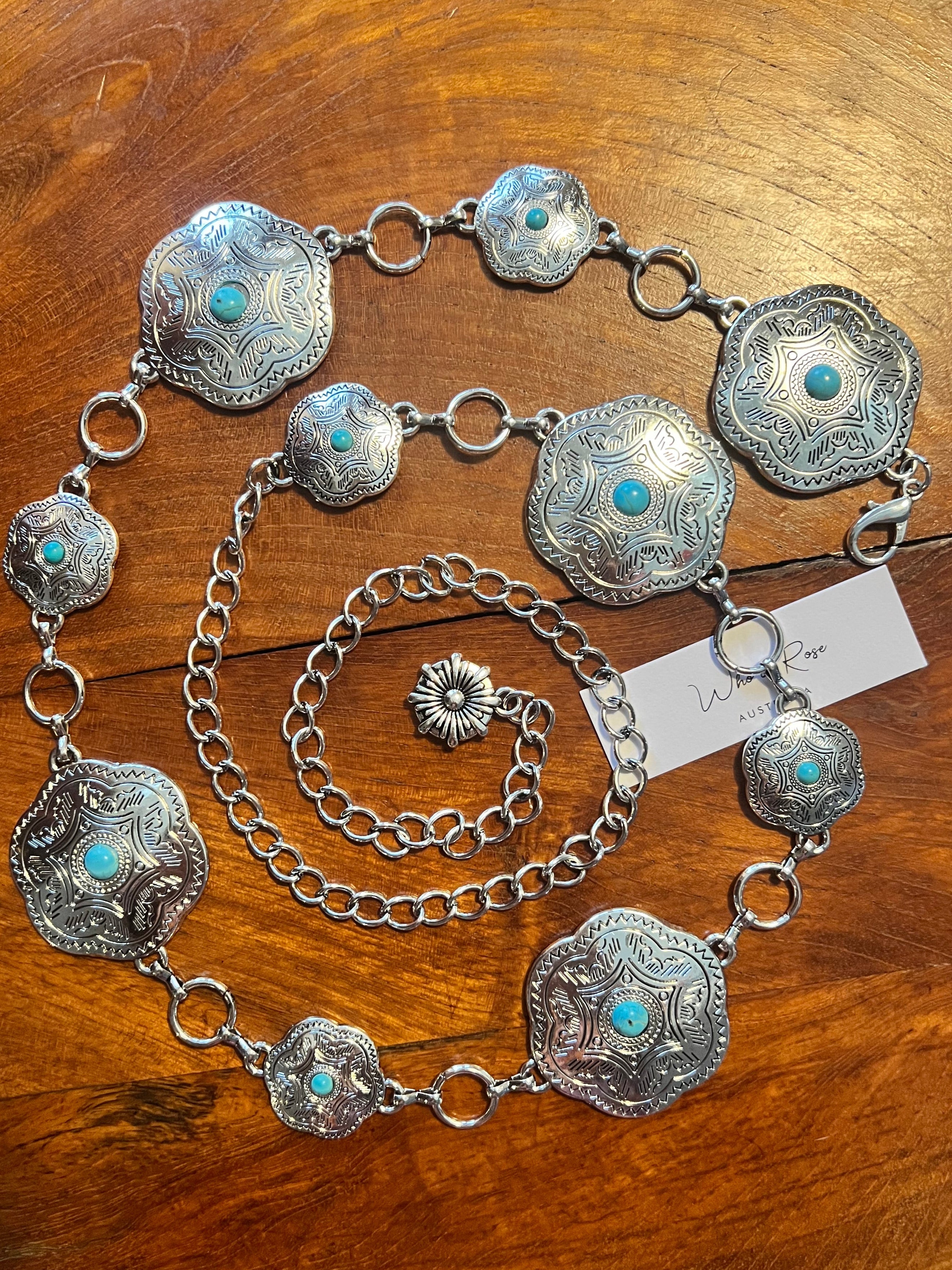 Western festival silver concho chain belt with turquoise stones - boho accessory at Bohemian Love Runway.