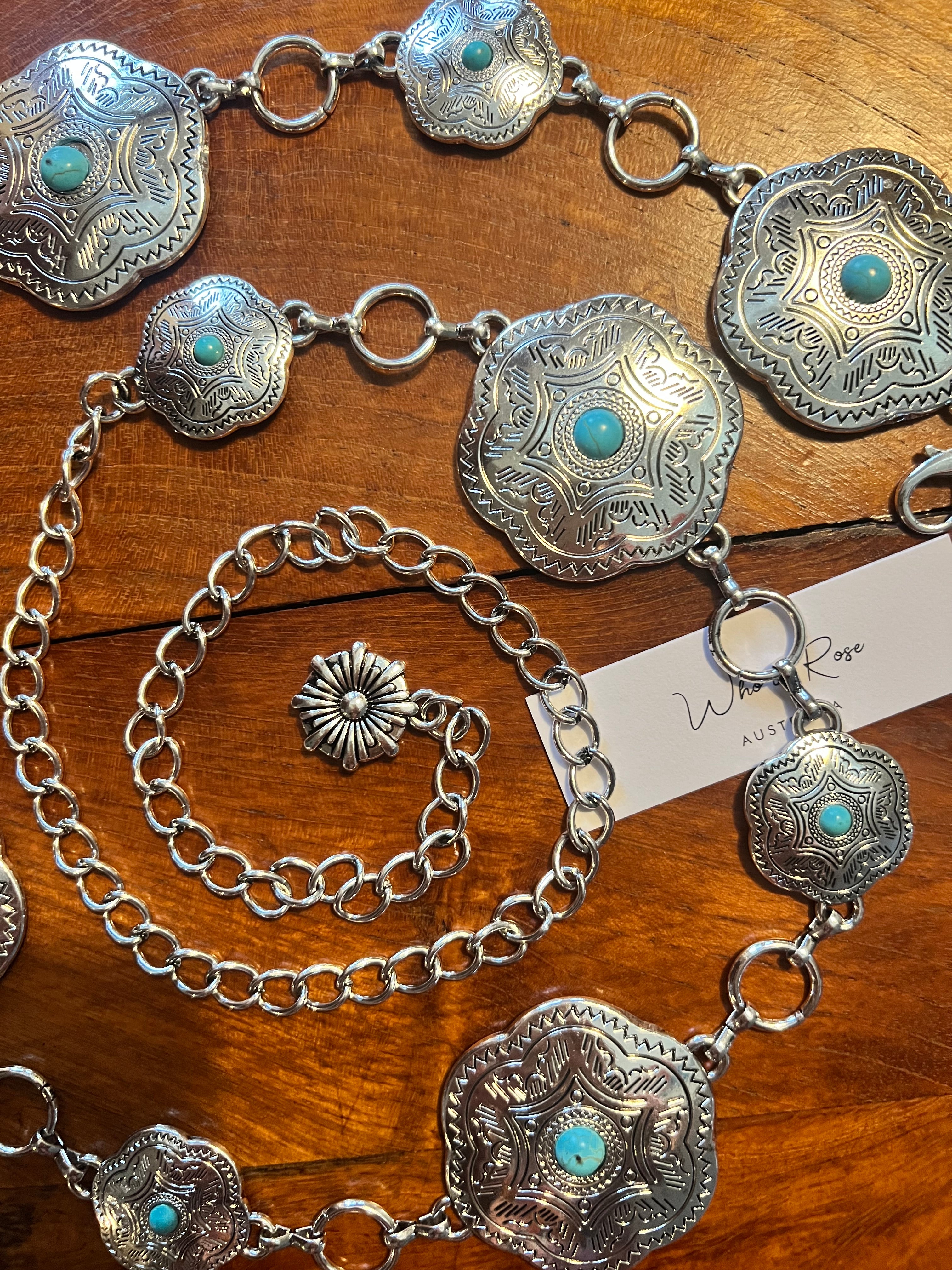 Western festival silver concho chain belt with turquoise stones - boho accessory at Bohemian Love Runway.