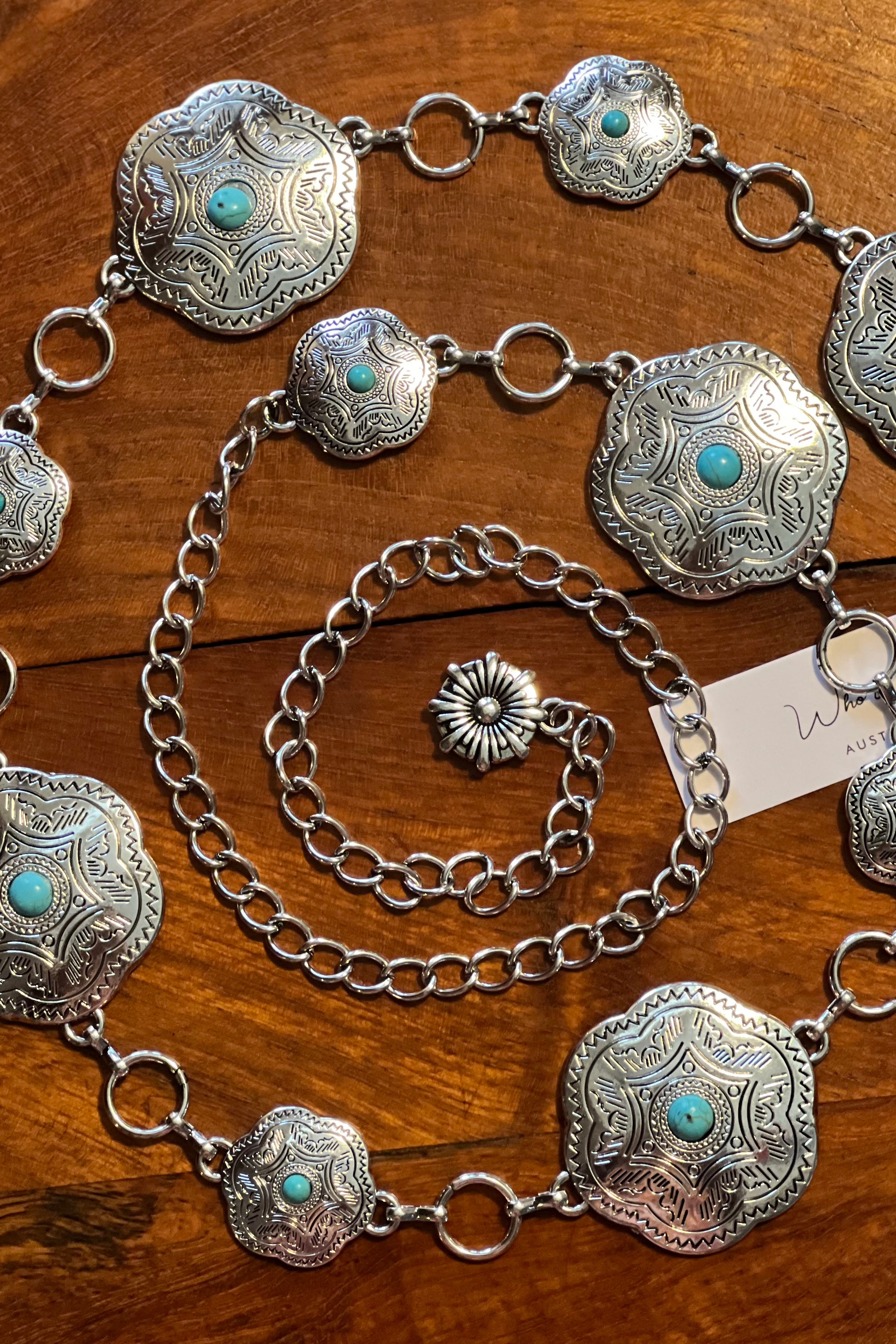 Western festival silver concho chain belt with turquoise stones - boho accessory at Bohemian Love Runway.