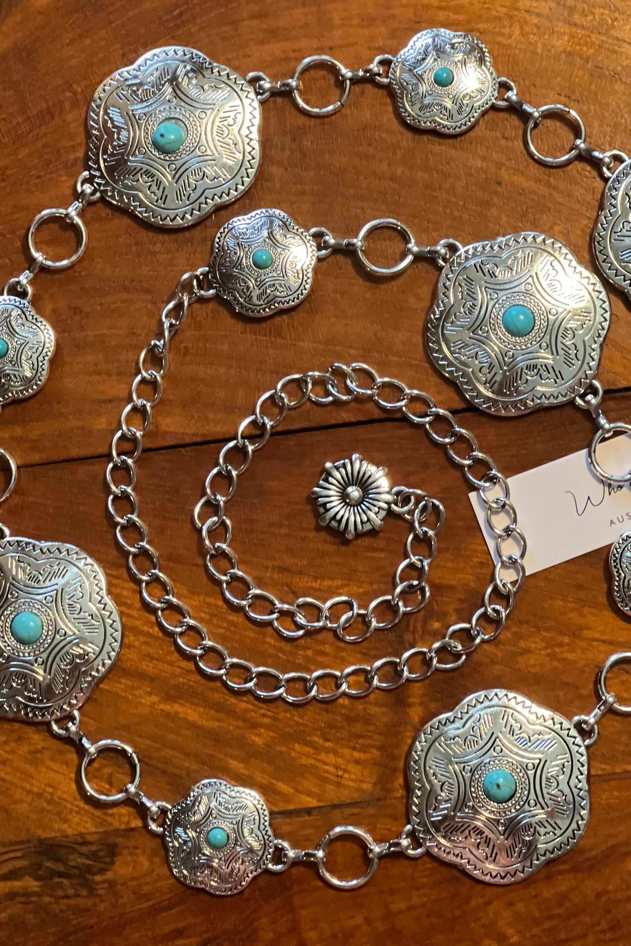 Western festival silver concho chain belt with turquoise stones - boho accessory at Bohemian Love Runway.