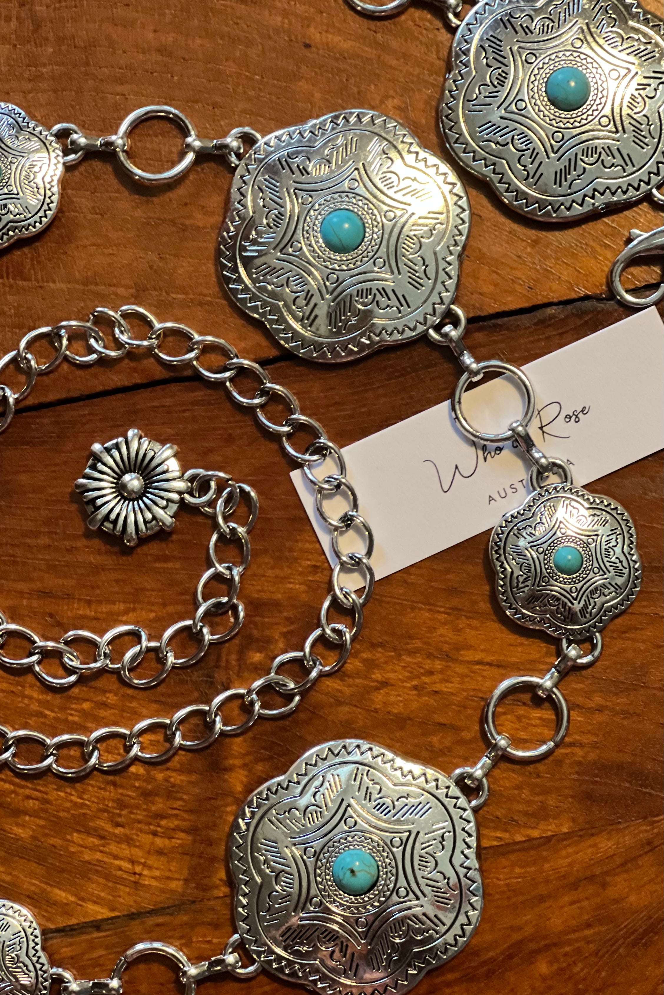 Western festival silver concho chain belt with turquoise stones - boho accessory at Bohemian Love Runway.