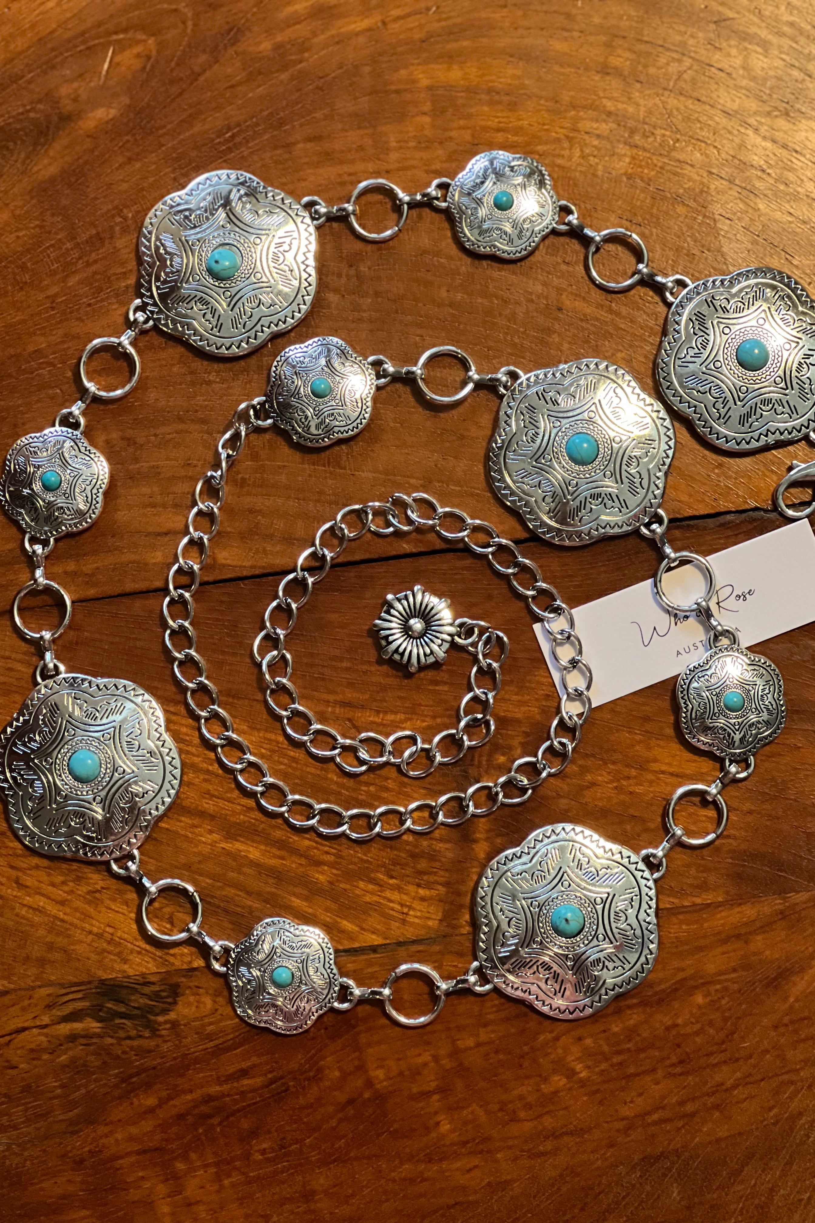 Western festival silver concho chain belt with turquoise stones - boho accessory at Bohemian Love Runway.