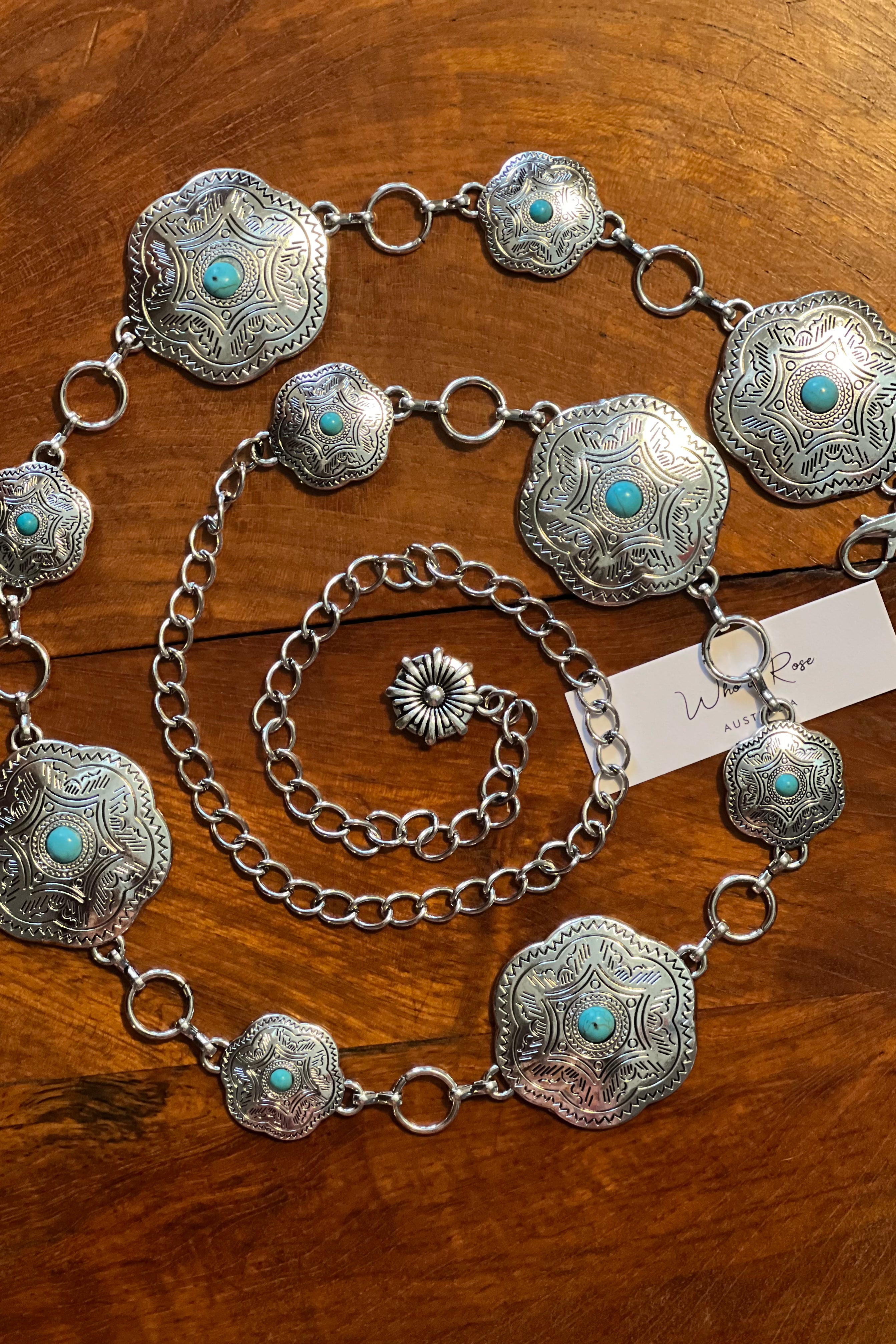 Western festival silver concho chain belt with turquoise stones - boho accessory at Bohemian Love Runway.