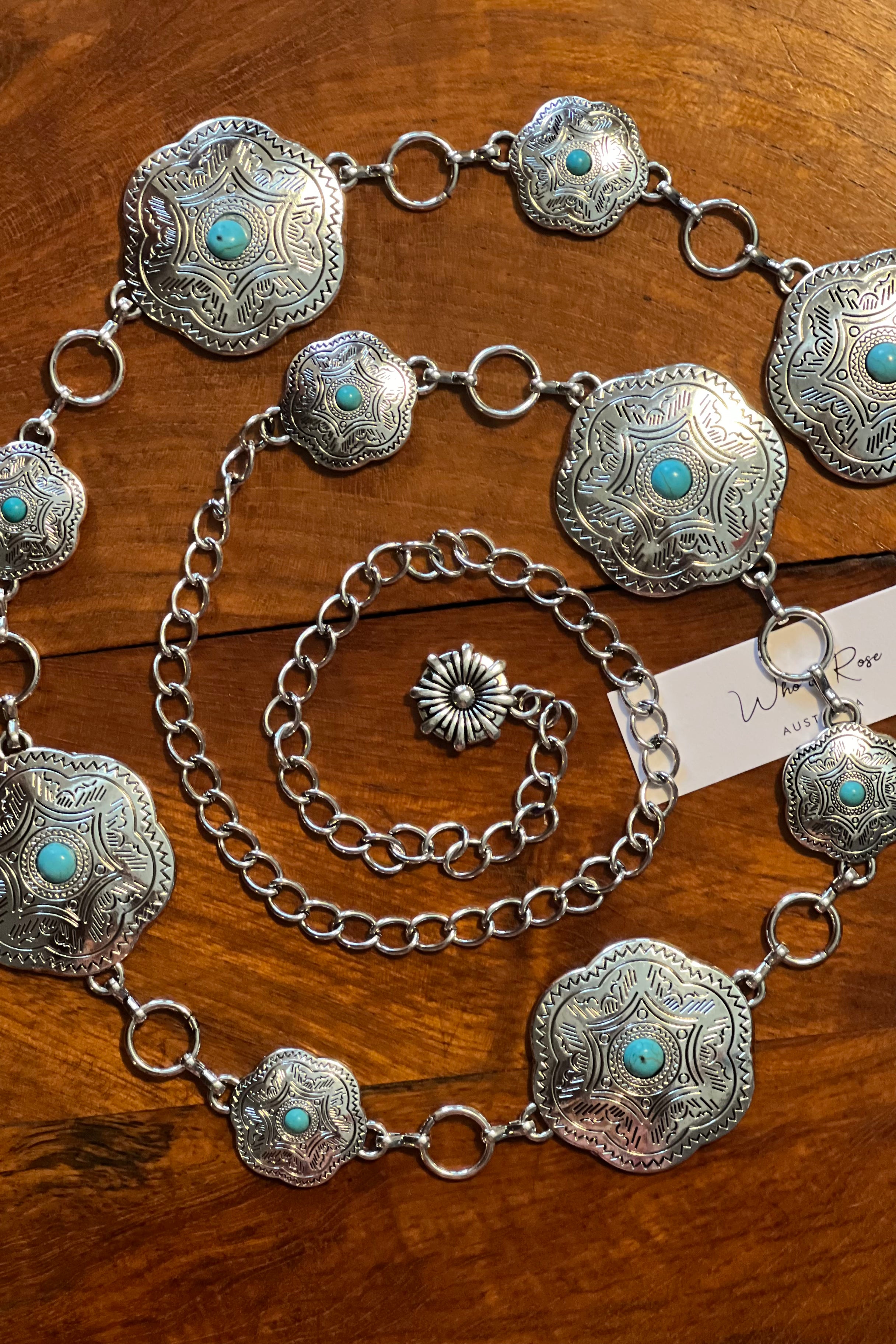 Western festival silver concho chain belt with turquoise stones - boho accessory at Bohemian Love Runway.