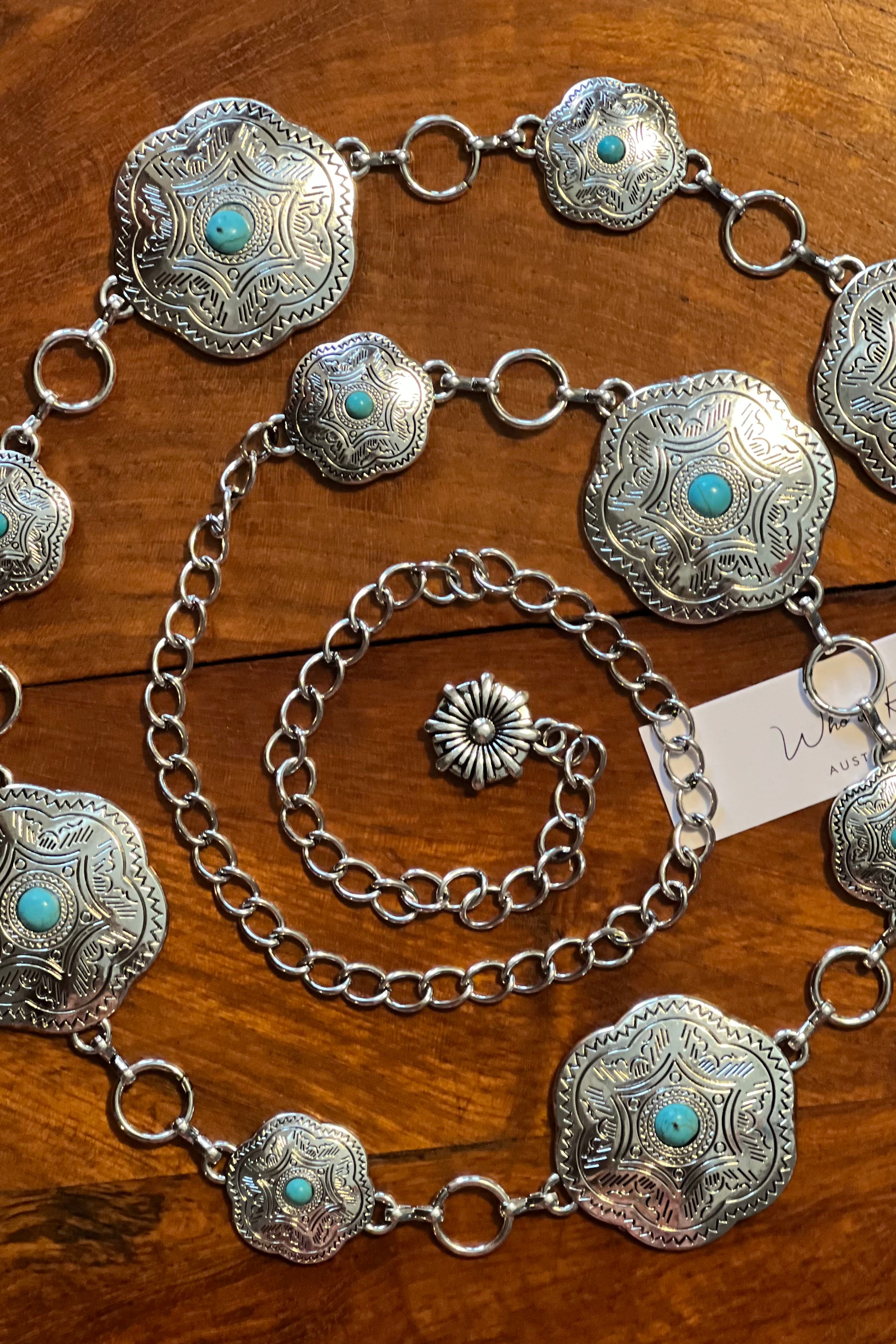 Western festival silver concho chain belt with turquoise stones - boho accessory at Bohemian Love Runway.