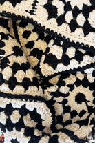 Handmade black and cream hand-stitched square crochet market bag - Moonflower Crochet Market Bag by Bohemian Love Runway.