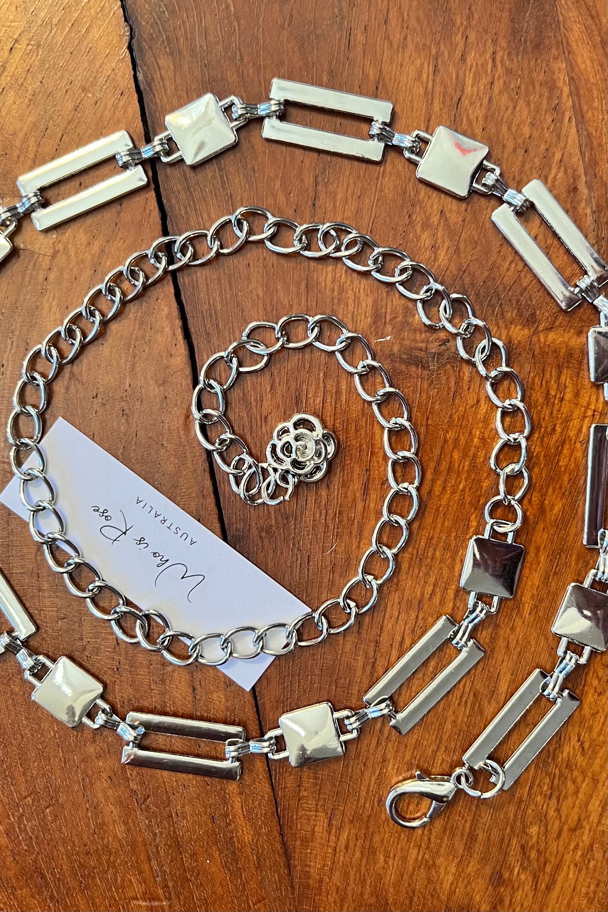 Silver geometric link chain belt with rose charm - boho luxe wist accessory from Who is Rose Australia.