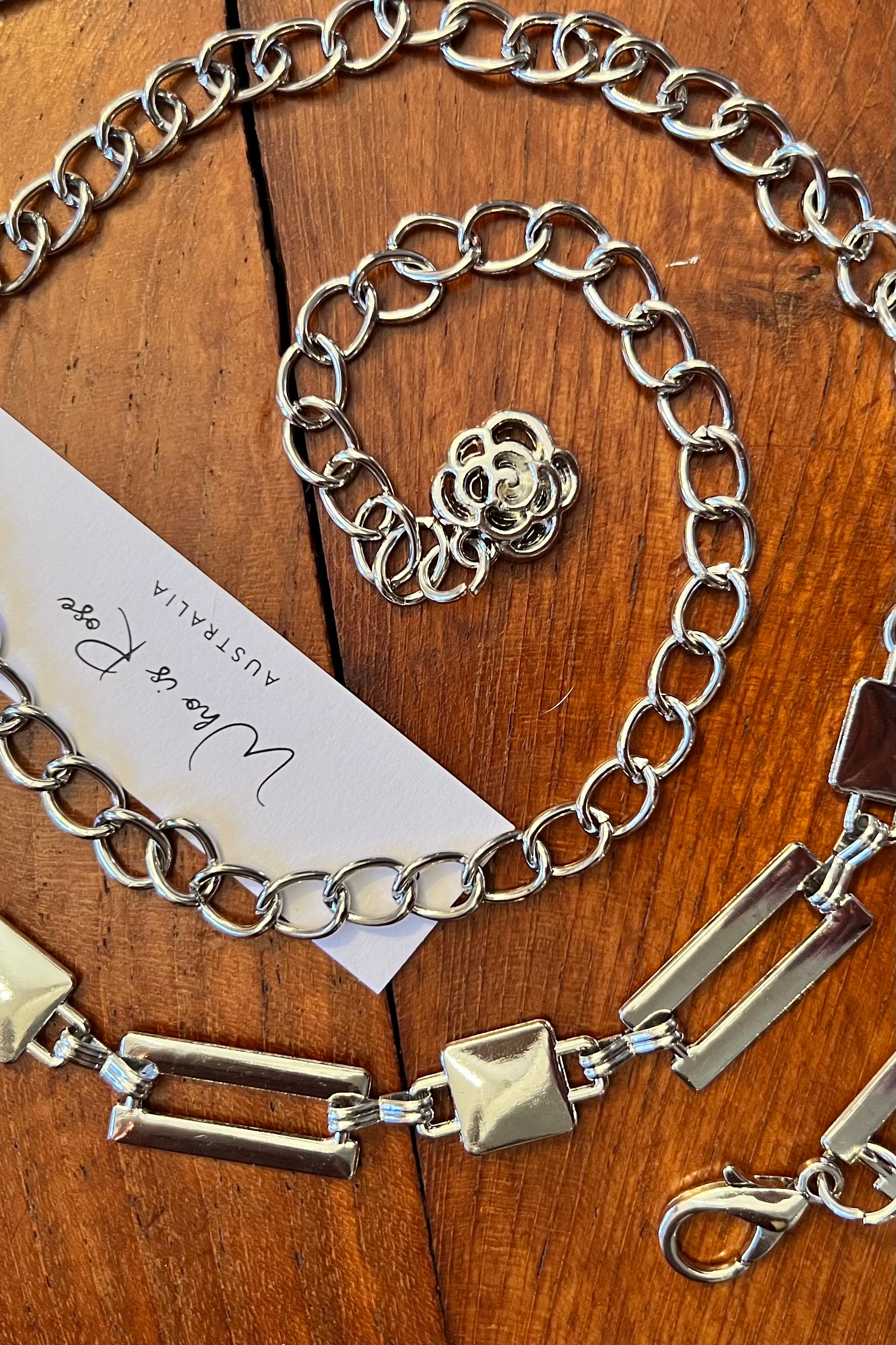 Silver geometric link chain belt with rose charm - boho luxe wist accessory from Who is Rose Australia.