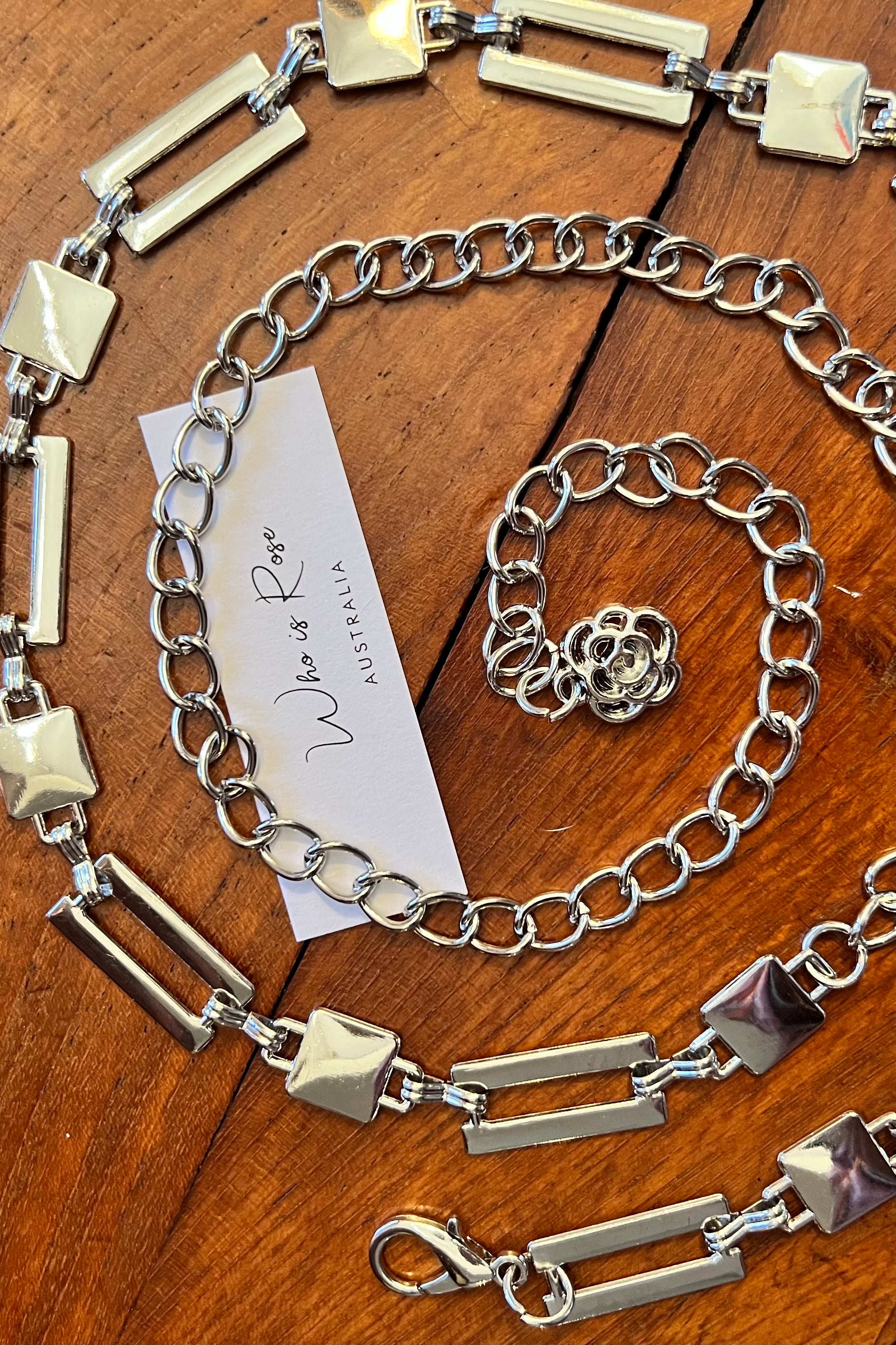 Silver geometric link chain belt with rose charm - boho luxe wist accessory from Who is Rose Australia.