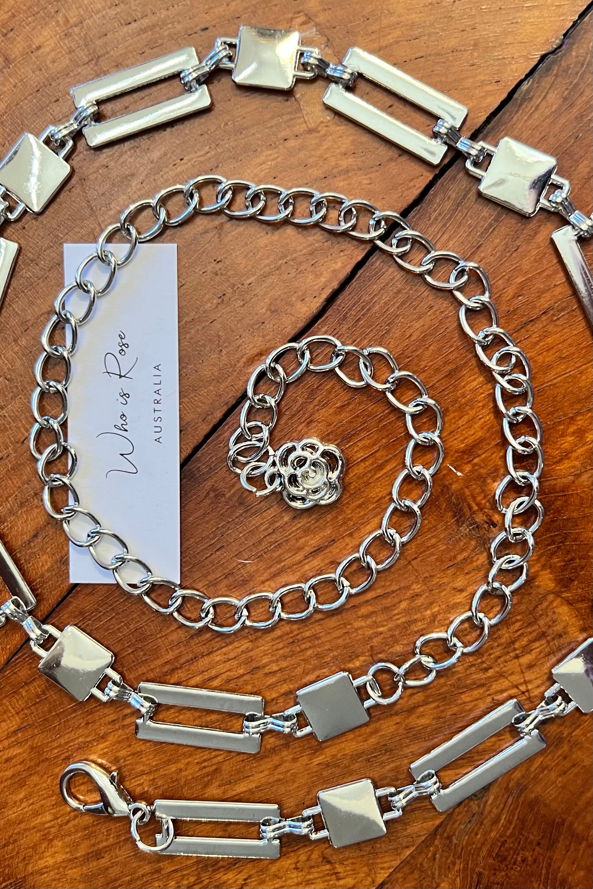 Silver geometric link chain belt with rose charm - boho luxe wist accessory from Who is Rose Australia.
