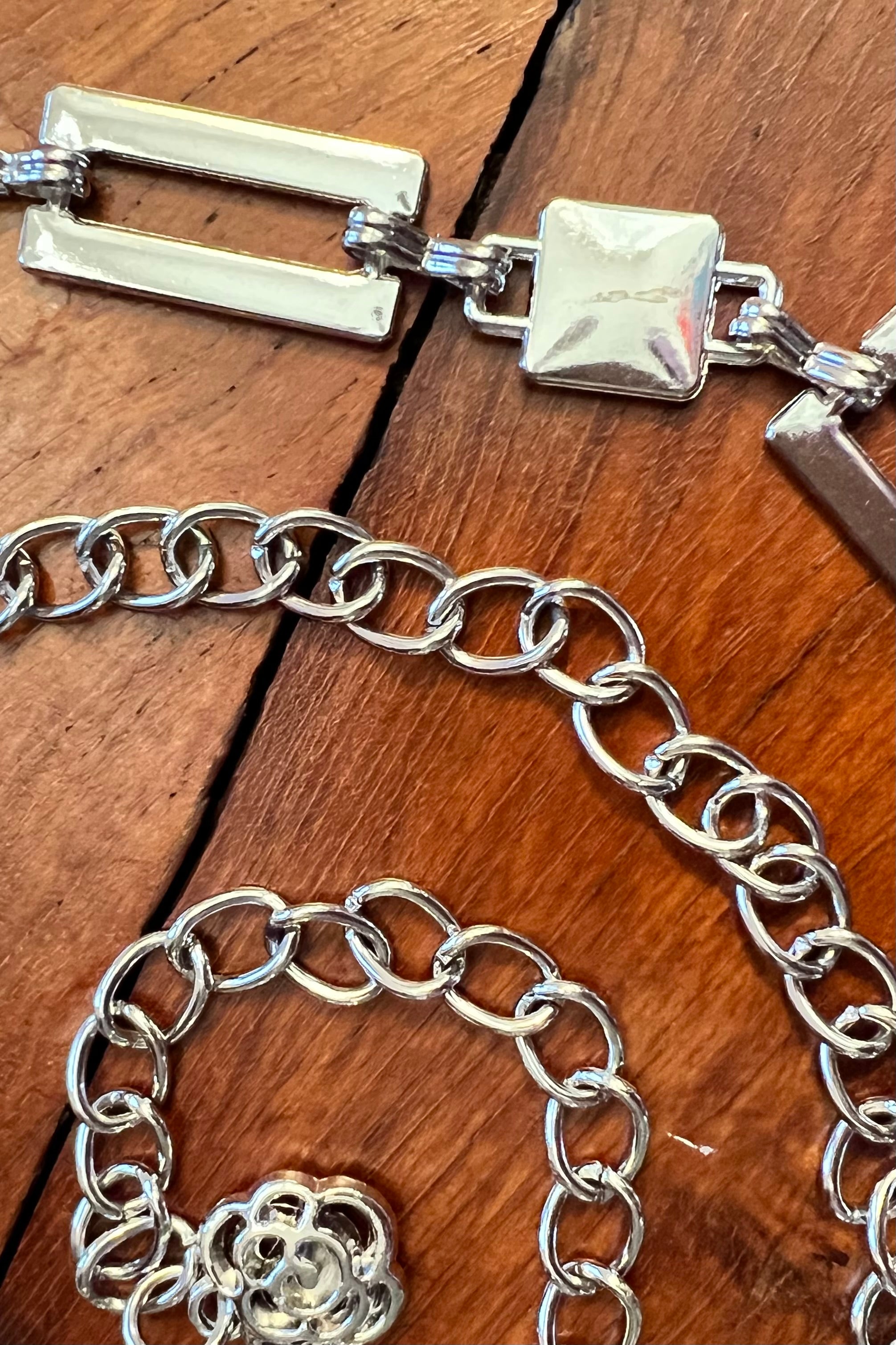 Silver geometric link chain belt with rose charm - boho luxe wist accessory from Who is Rose Australia.