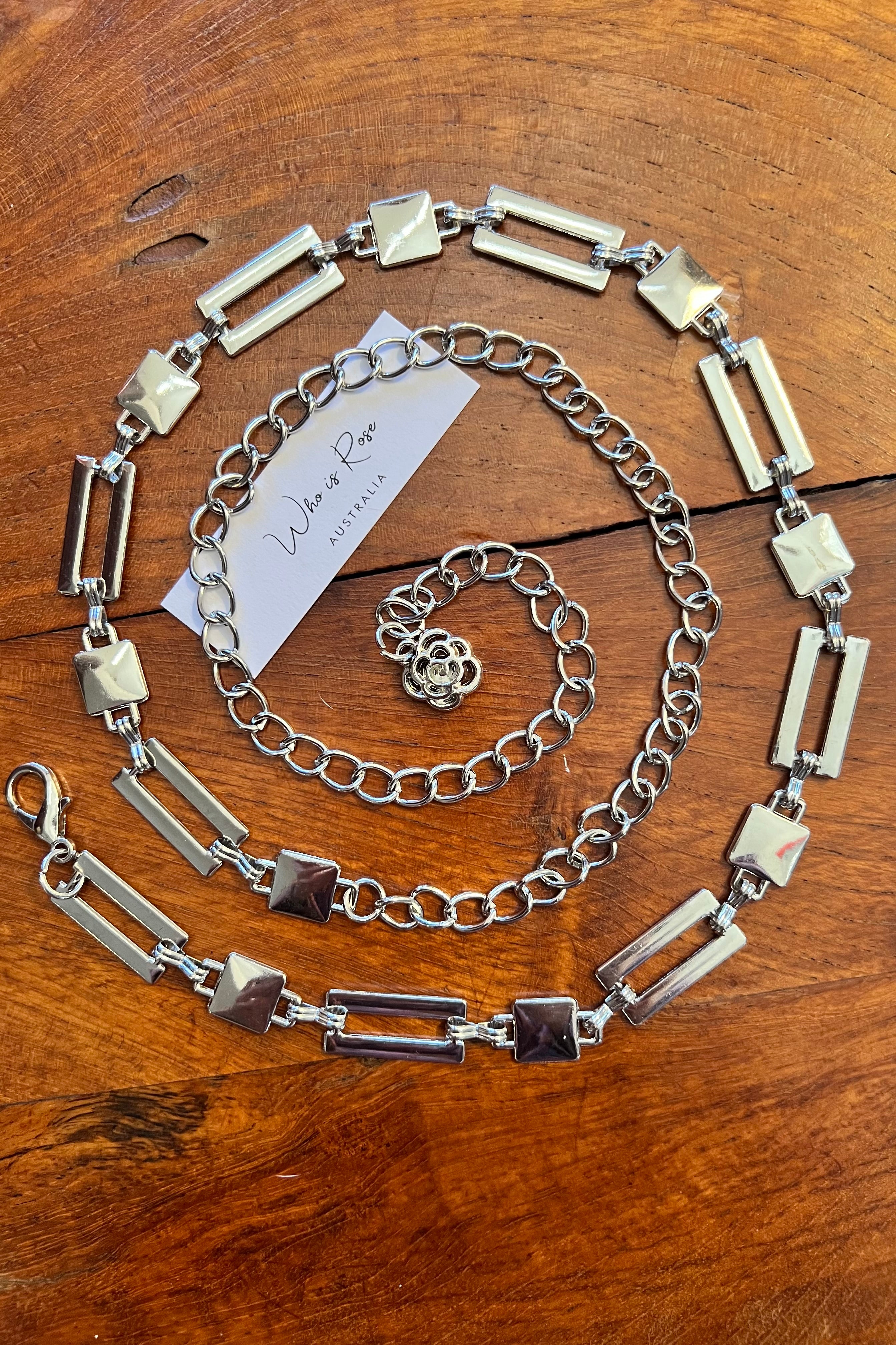 Silver geometric link chain belt with rose charm - boho luxe wist accessory from Who is Rose Australia.