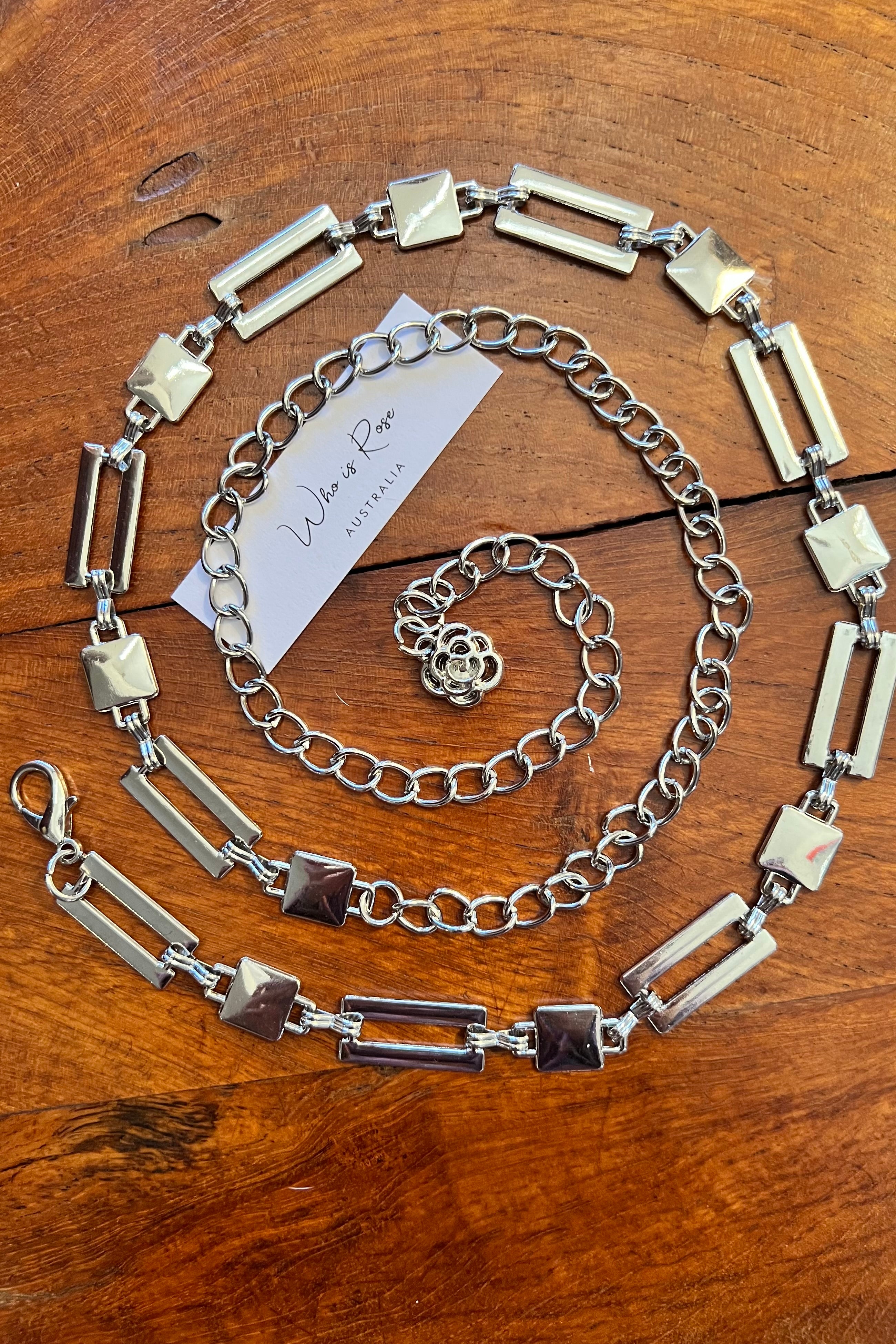 Silver geometric link chain belt with rose charm - boho luxe wist accessory from Who is Rose Australia.