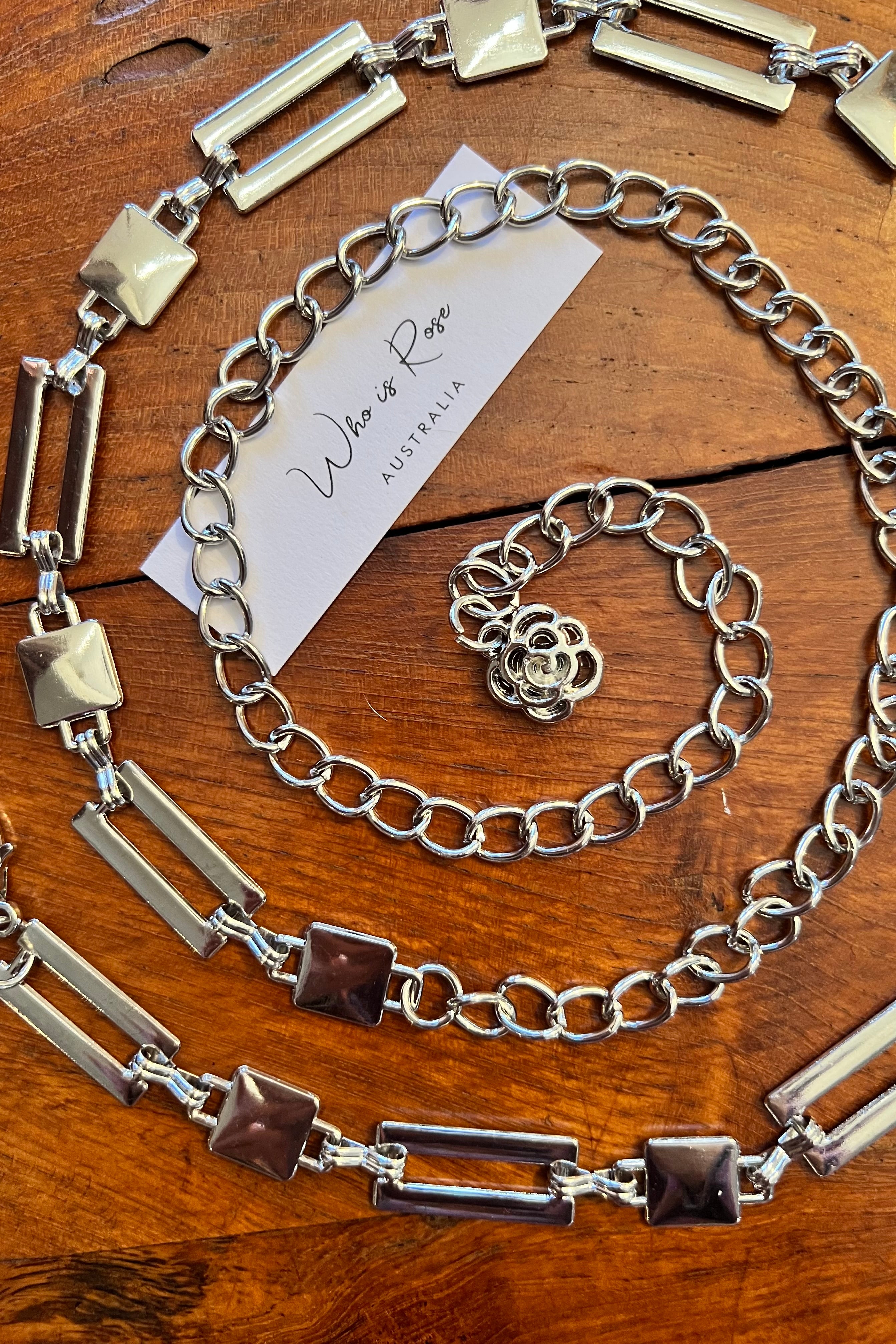 Silver geometric link chain belt with rose charm - boho luxe wist accessory from Who is Rose Australia.