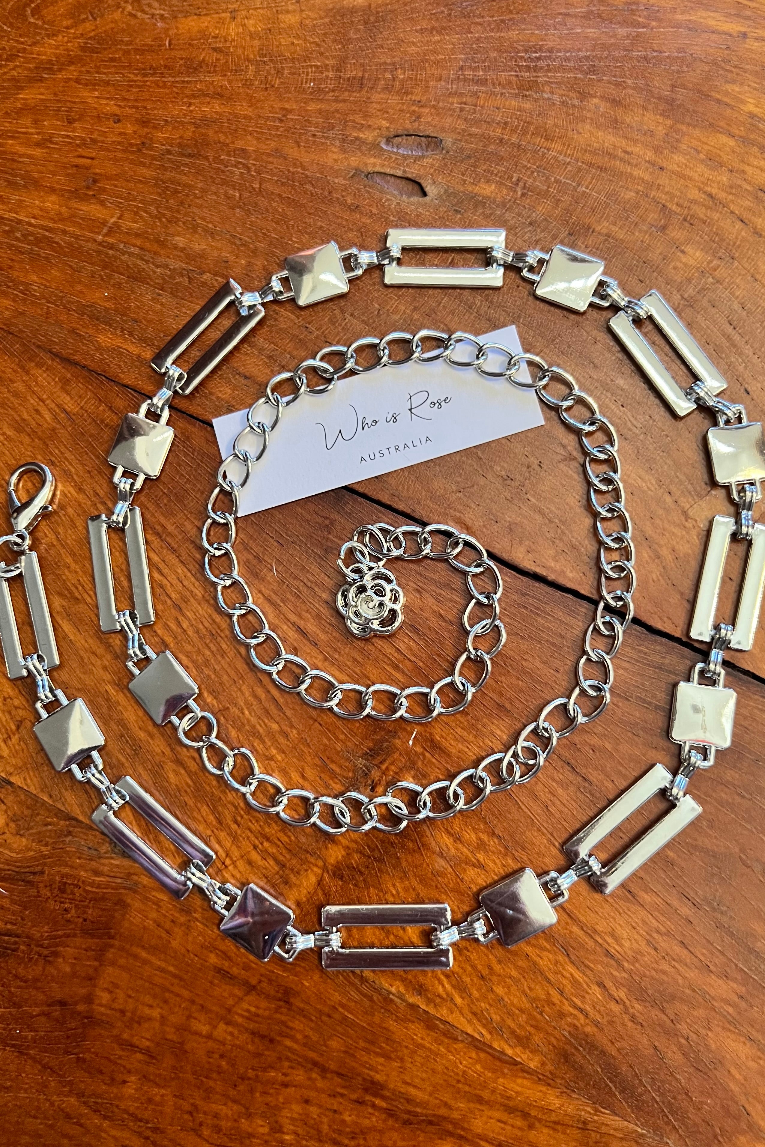 Silver geometric link chain belt with rose charm - boho luxe wist accessory from Who is Rose Australia.