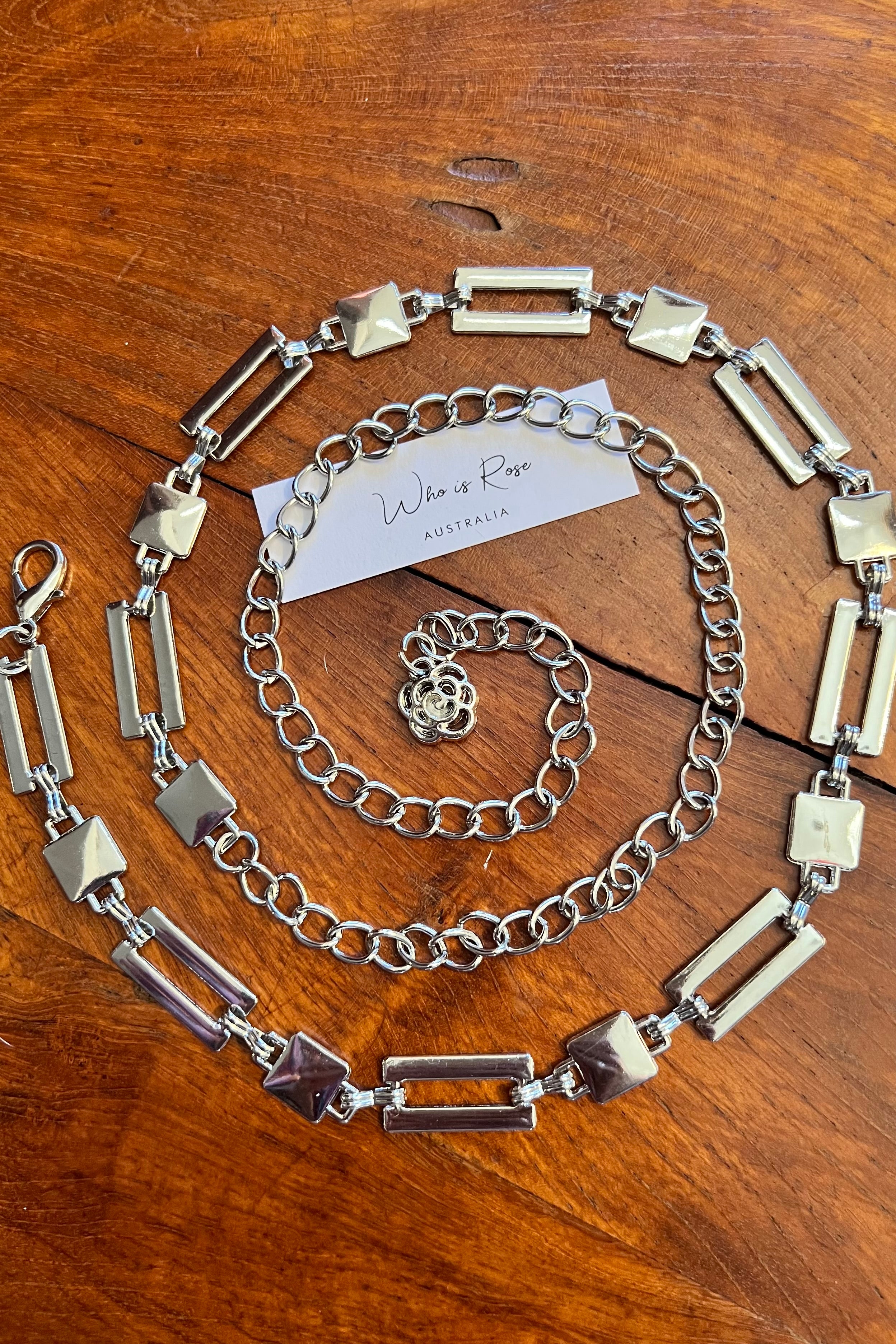 Silver geometric link chain belt with rose charm - boho luxe wist accessory from Who is Rose Australia.