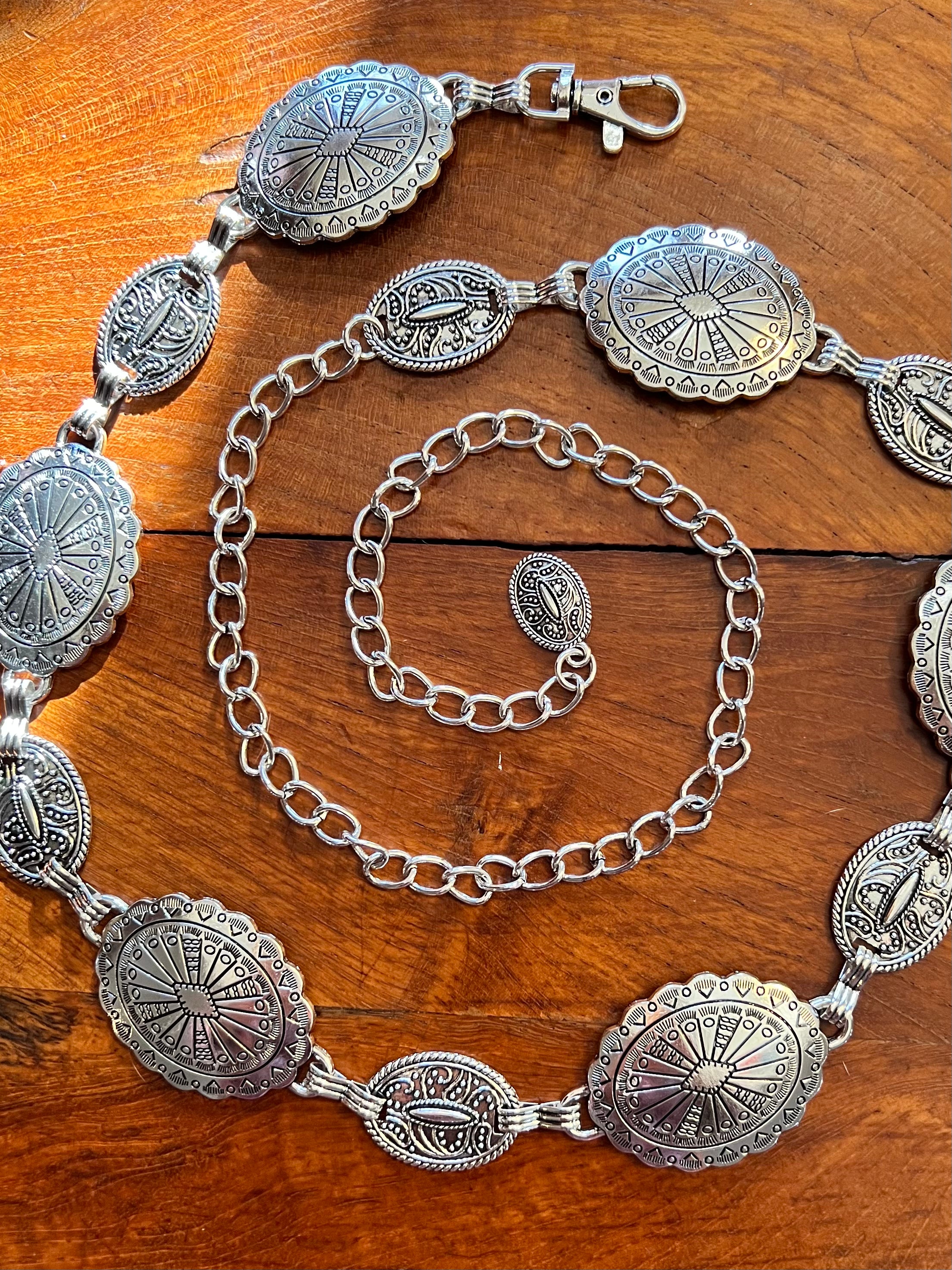 Silver finish concho chain belt with engraved oval medallion and extender - boho festival waist belt Australia.