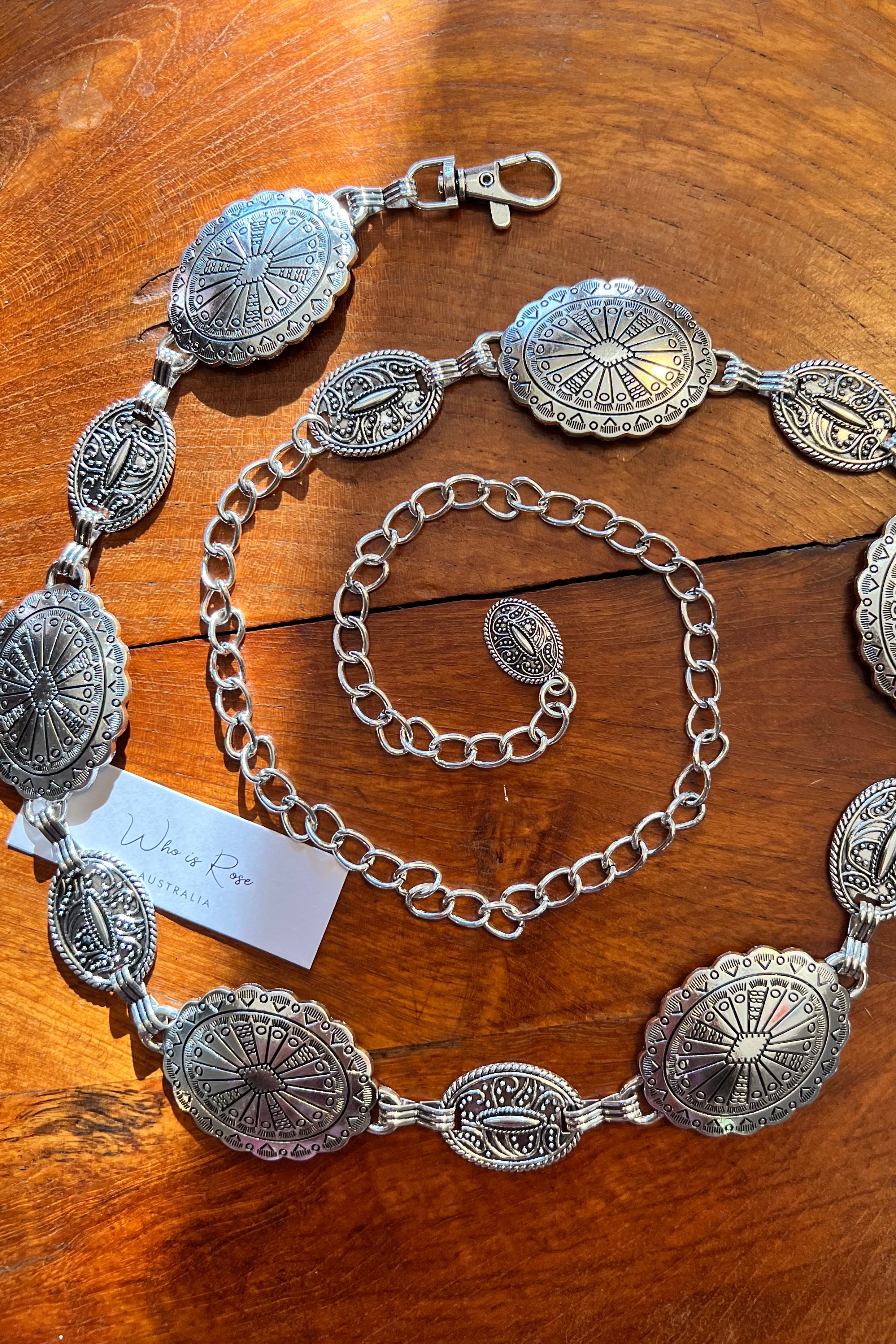 Silver finish concho chain belt with engraved oval medallion and extender - boho festival waist belt Australia.